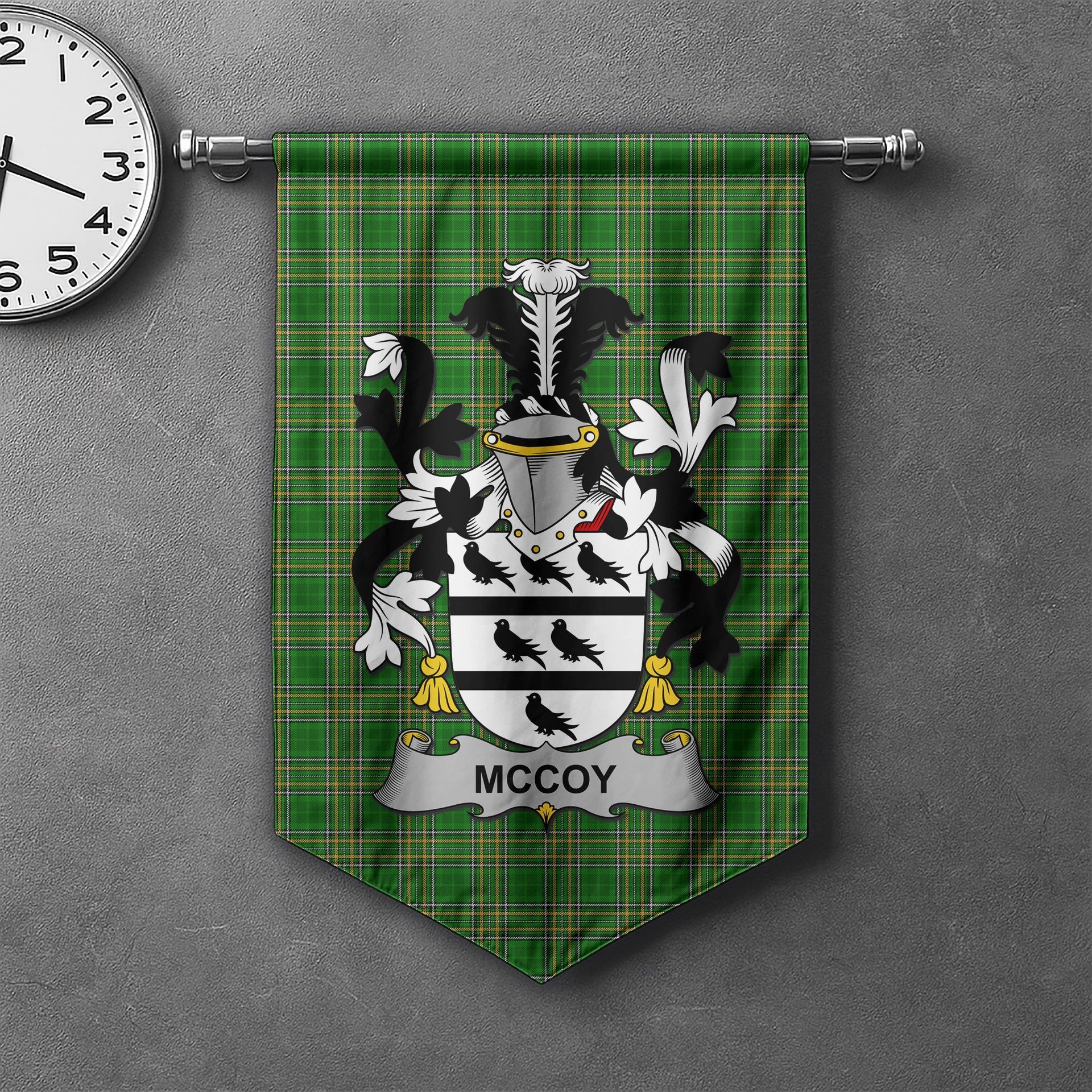 ScotsTee Shop Irish McCoy Clan Coat of Arms Irish Tartan Gonfalon Flag