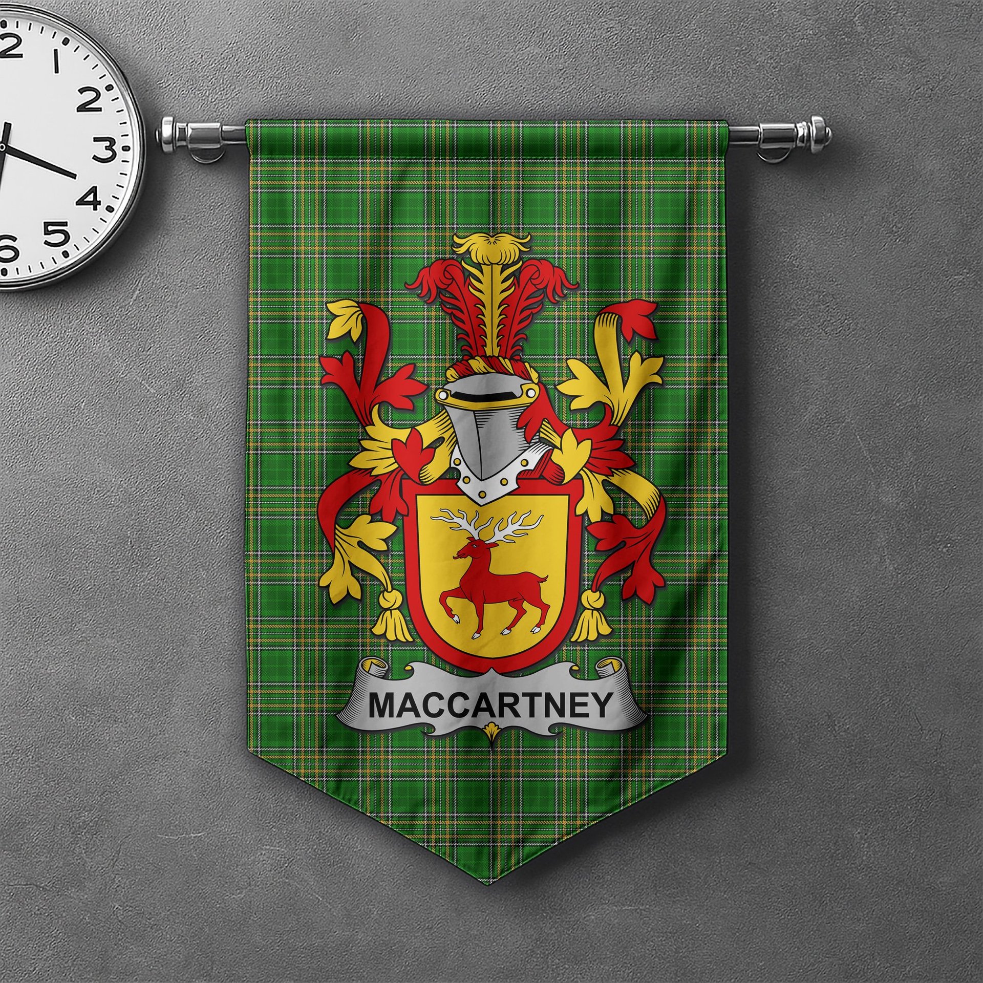ScotsTee Shop Irish McCartney or MacCartney Clan Coat of Arms Irish Tartan Gonfalon Flag