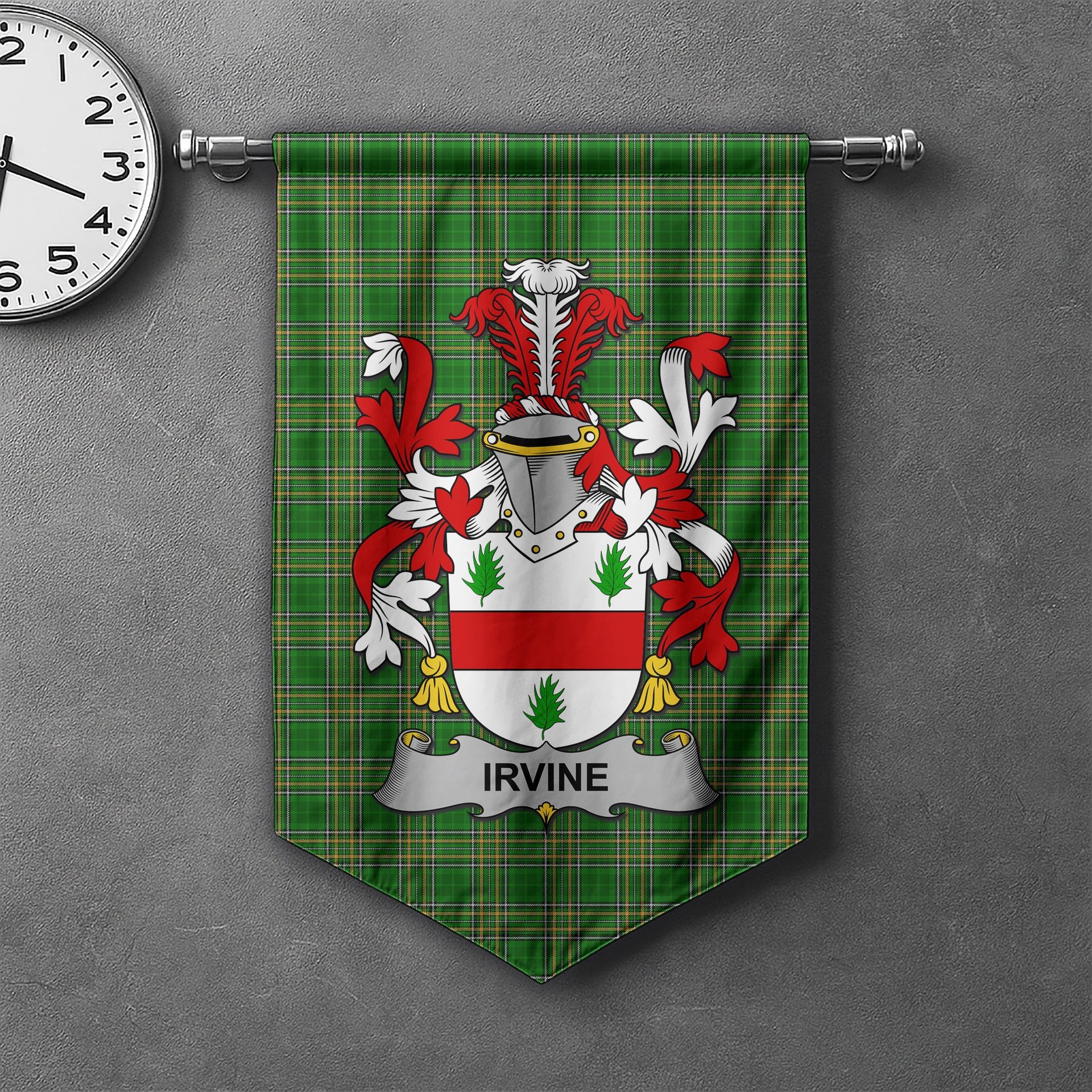 ScotsTee Shop Irish Irvine Clan Coat of Arms Irish Tartan Gonfalon Flag