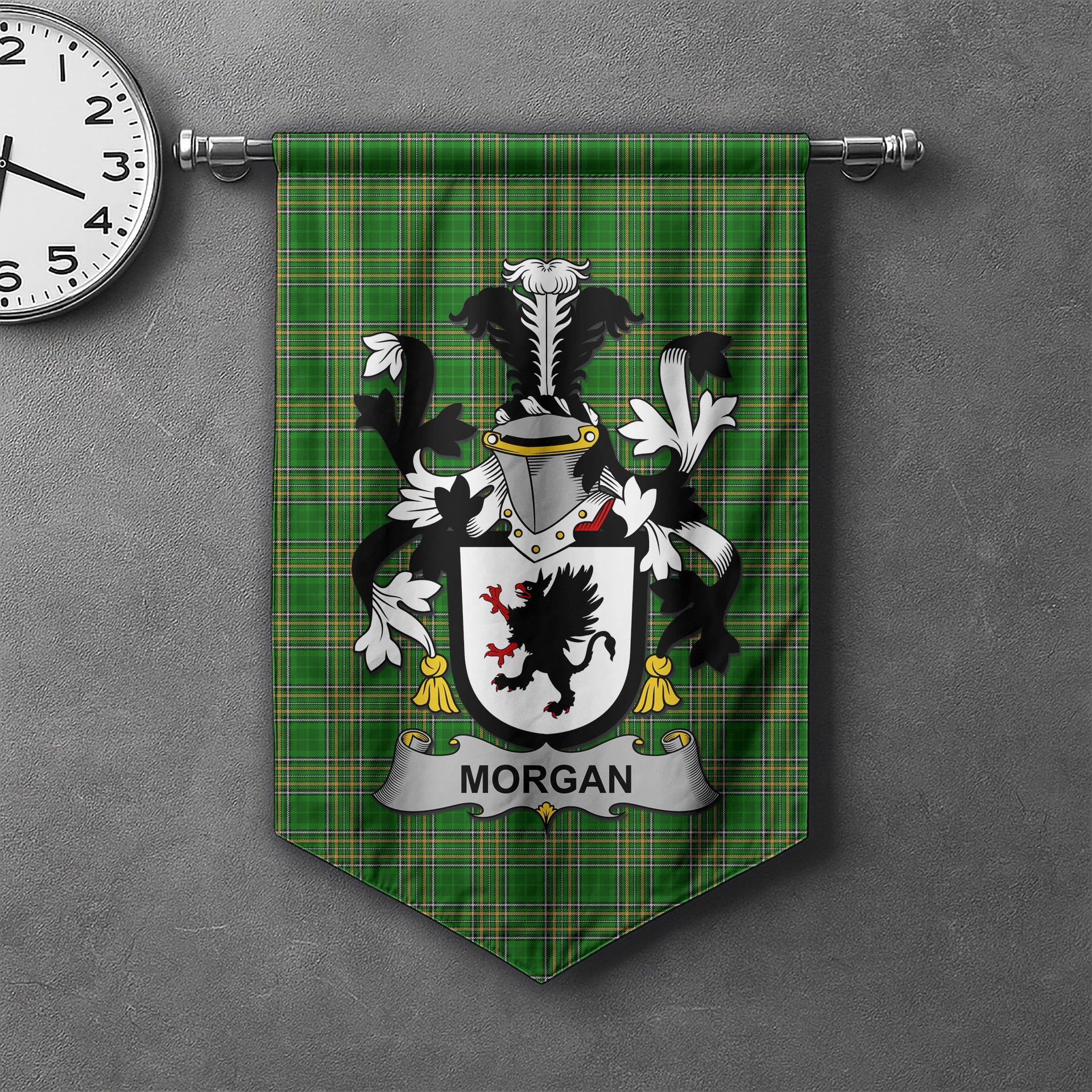 ScotsTee Shop Irish Morgan Clan Coat of Arms Irish Tartan Gonfalon Flag