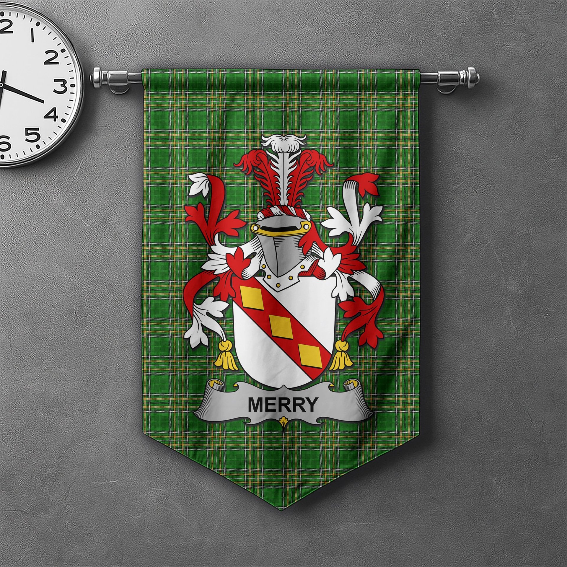 ScotsTee Shop Irish Merry or O'Merry Clan Coat of Arms Irish Tartan Gonfalon Flag
