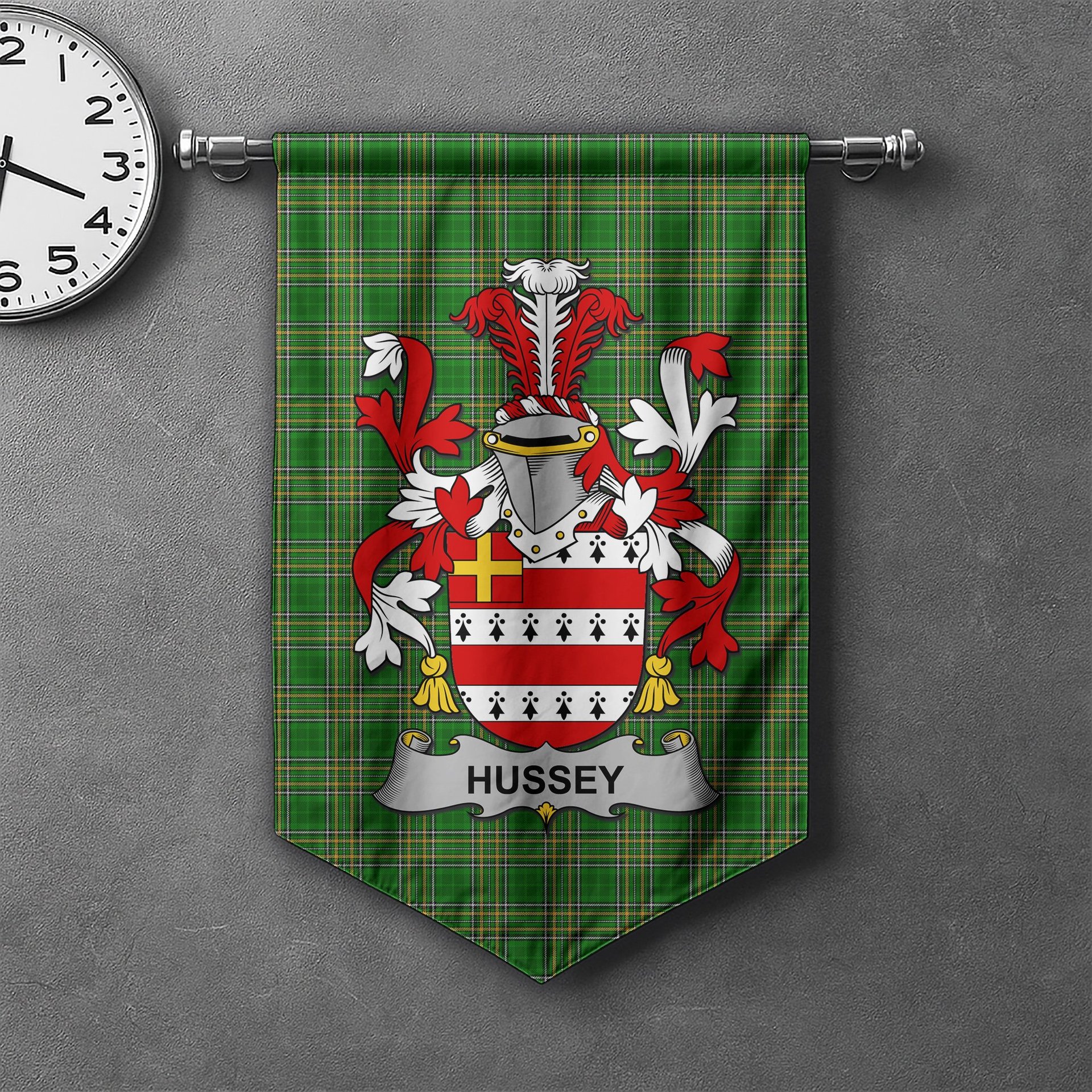 ScotsTee Shop Irish Hussey or O'Hosey Clan Coat of Arms Irish Tartan Gonfalon Flag
