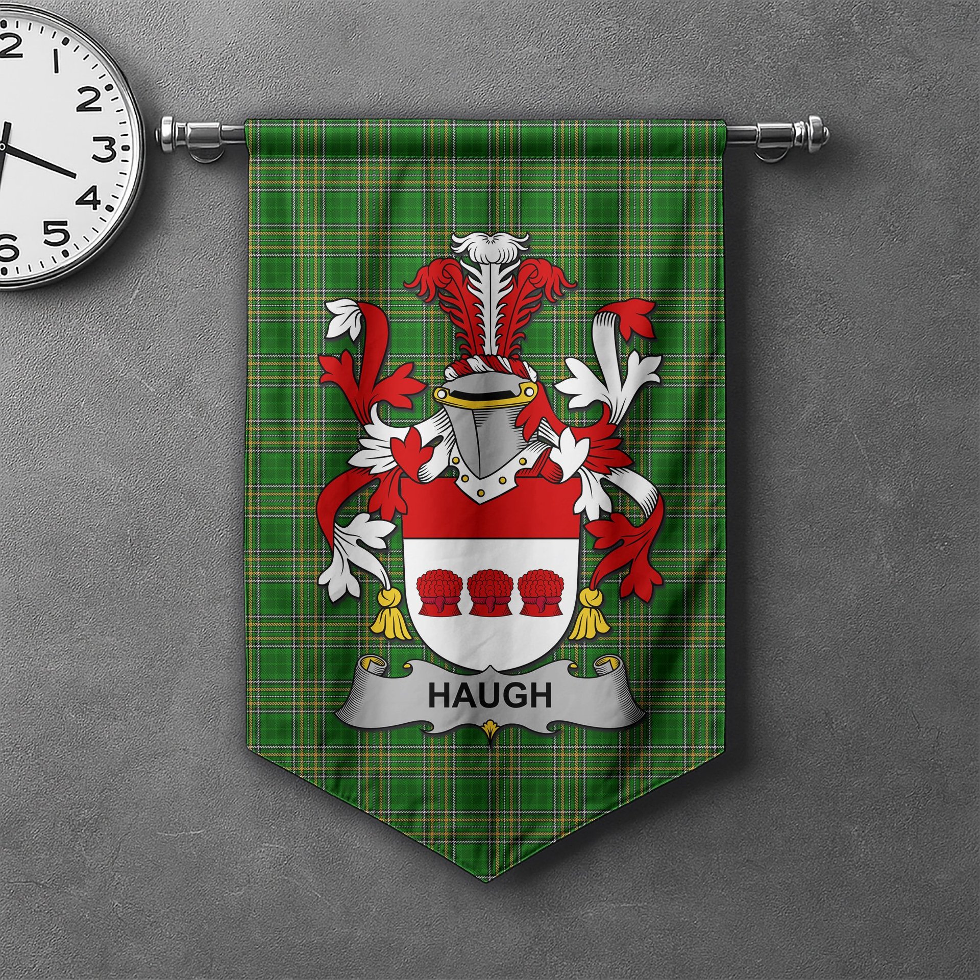 ScotsTee Shop Irish Haugh or O'Hough Clan Coat of Arms Irish Tartan Gonfalon Flag