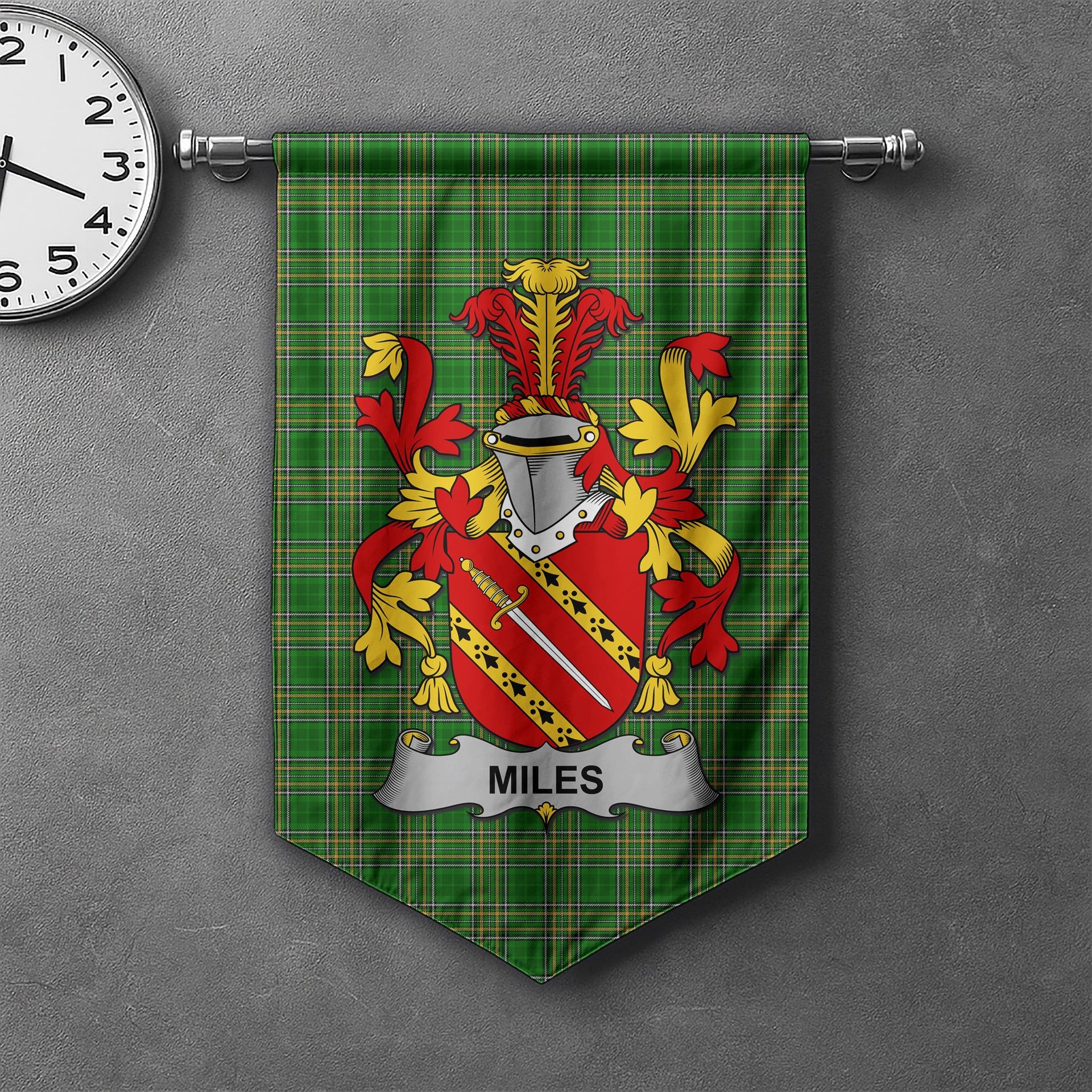 ScotsTee Shop Irish Miles or Moyles Clan Coat of Arms Irish Tartan Gonfalon Flag