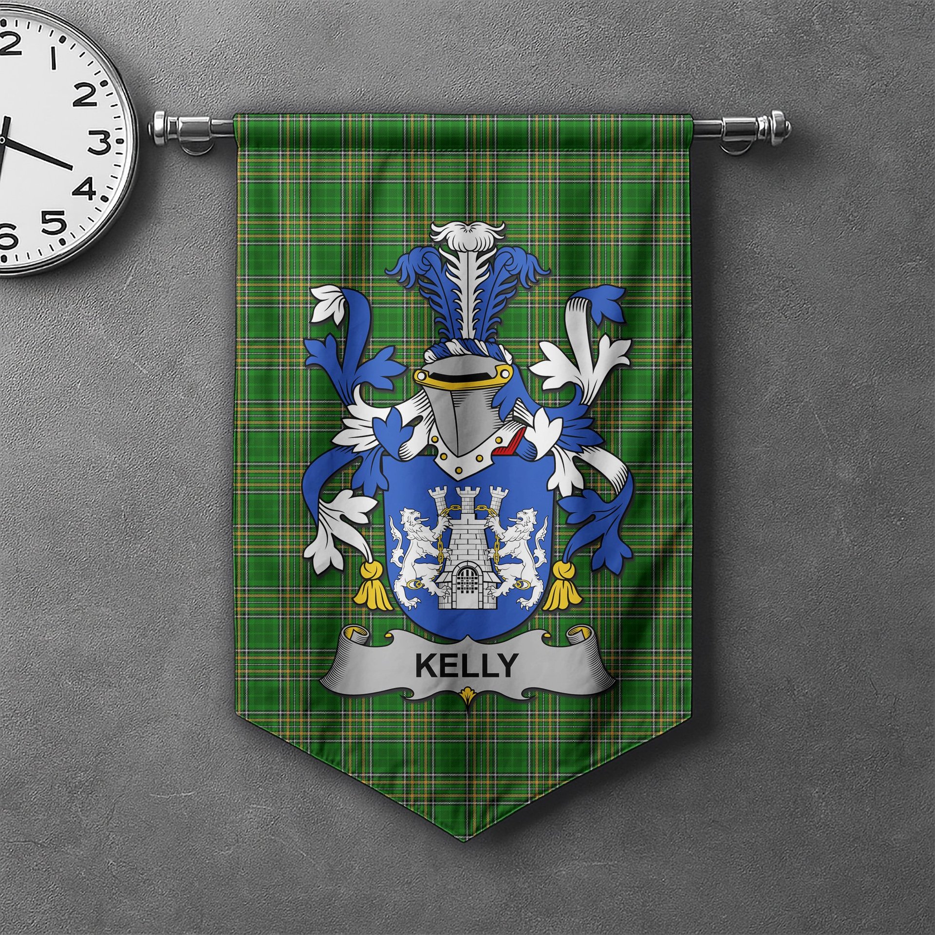 ScotsTee Shop Irish Kelly or O'Kelly Clan Coat of Arms Irish Tartan Gonfalon Flag