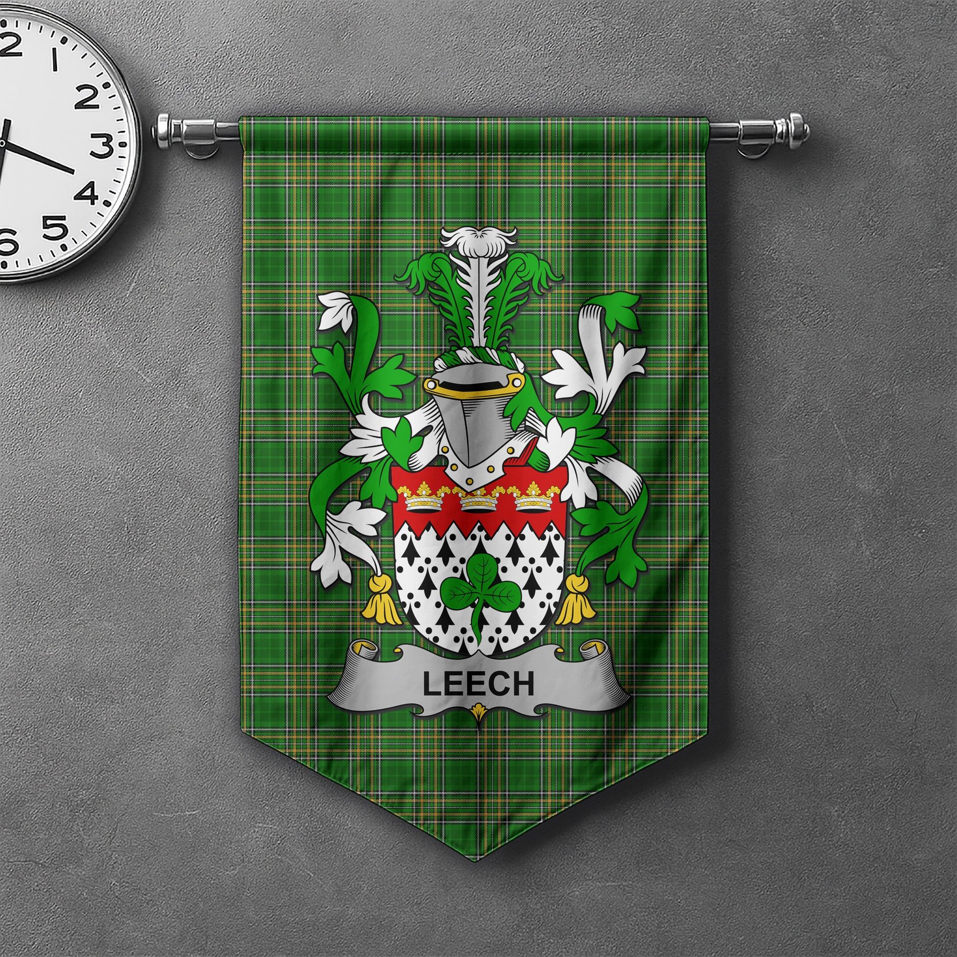 ScotsTee Shop Irish Leech Clan Coat of Arms Irish Tartan Gonfalon Flag