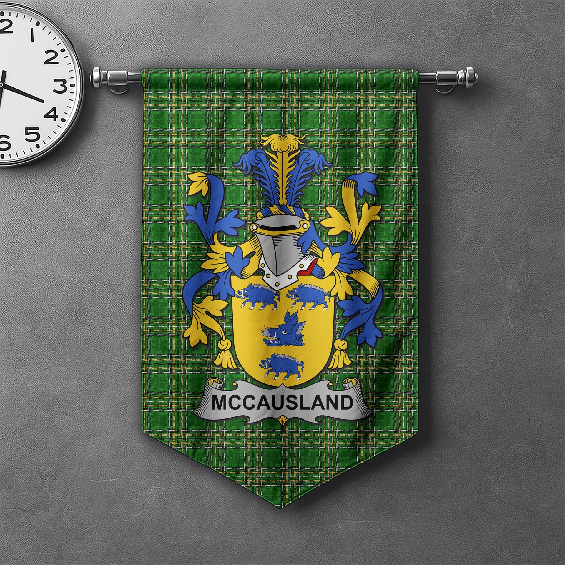 ScotsTee Shop Irish McCausland Clan Coat of Arms Irish Tartan Gonfalon Flag