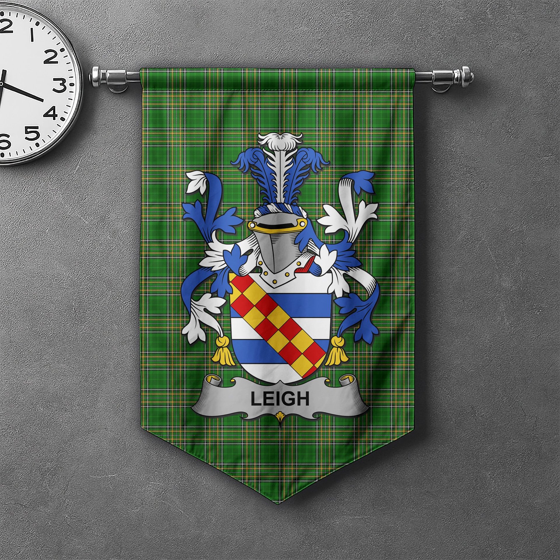 ScotsTee Shop Irish Leigh or McLaeghis Clan Coat of Arms Irish Tartan Gonfalon Flag