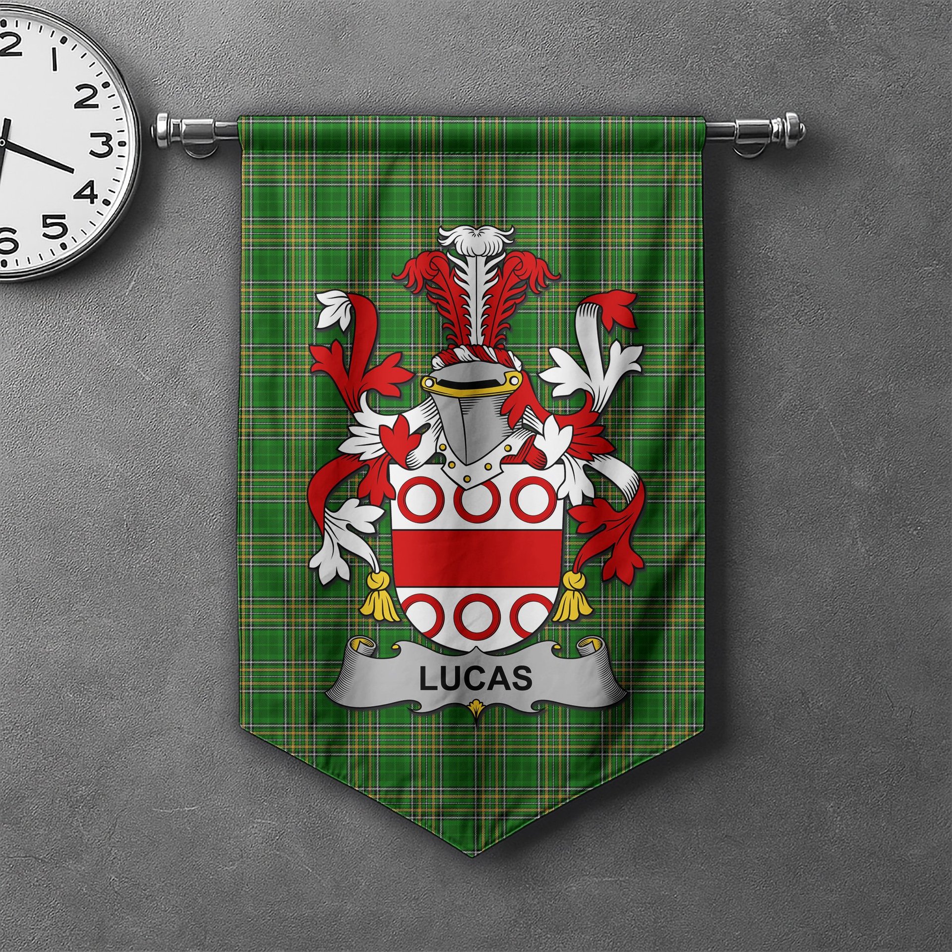 ScotsTee Shop Irish Lucas or Luke Clan Coat of Arms Irish Tartan Gonfalon Flag