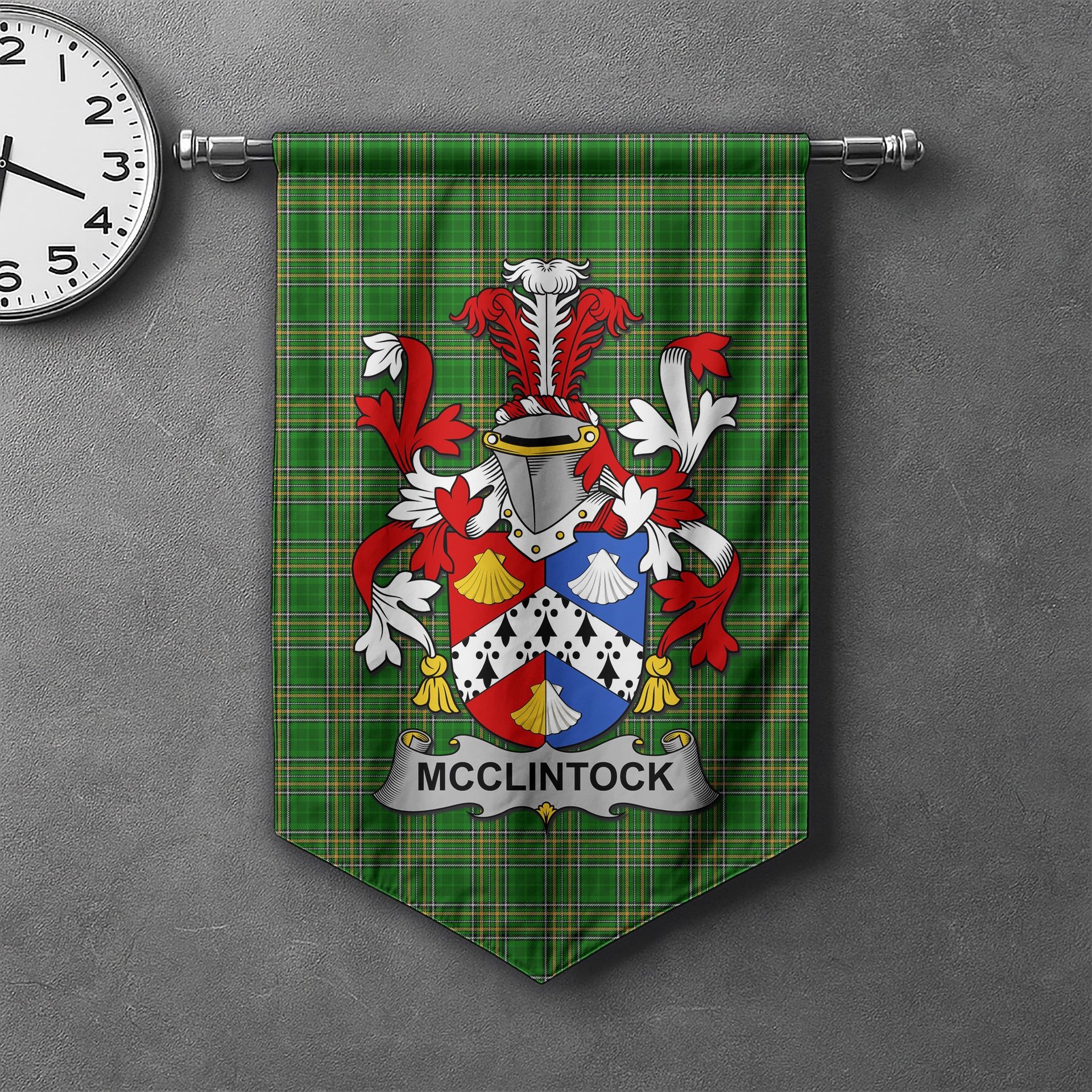 ScotsTee Shop Irish McClintock Clan Coat of Arms Irish Tartan Gonfalon Flag