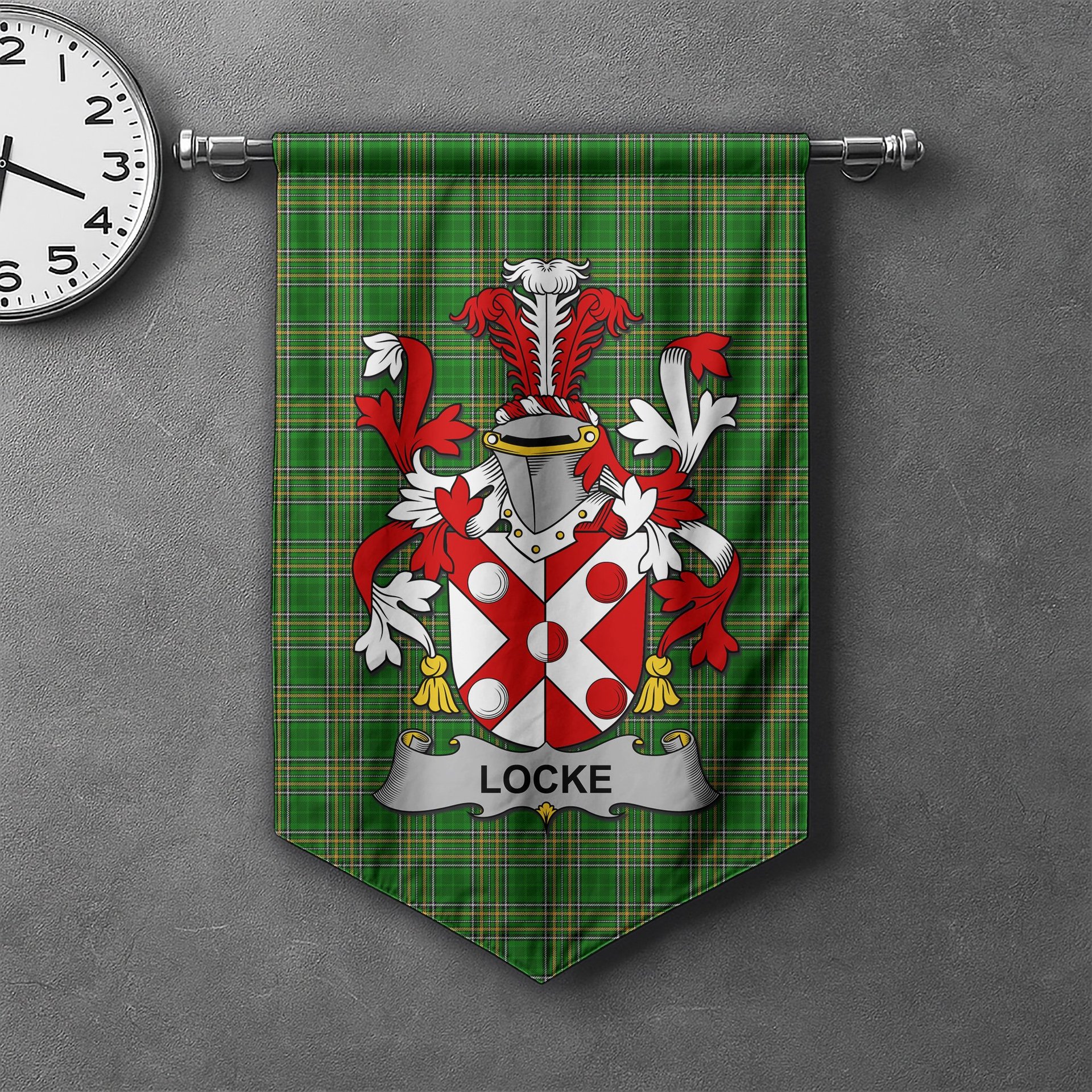 ScotsTee Shop Irish Locke Clan Coat of Arms Irish Tartan Gonfalon Flag