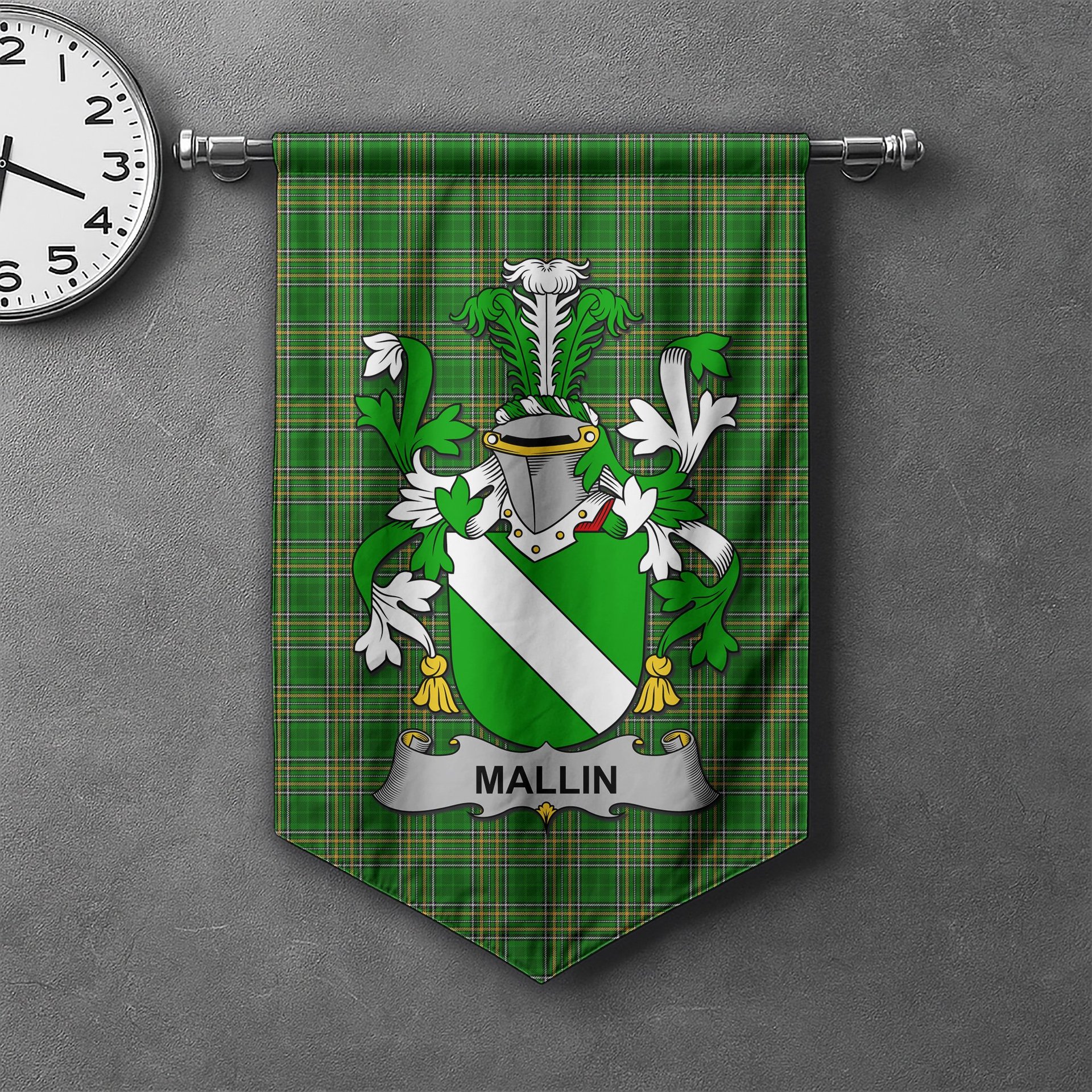 ScotsTee Shop Irish Mallin or O'Mallan Clan Coat of Arms Irish Tartan Gonfalon Flag