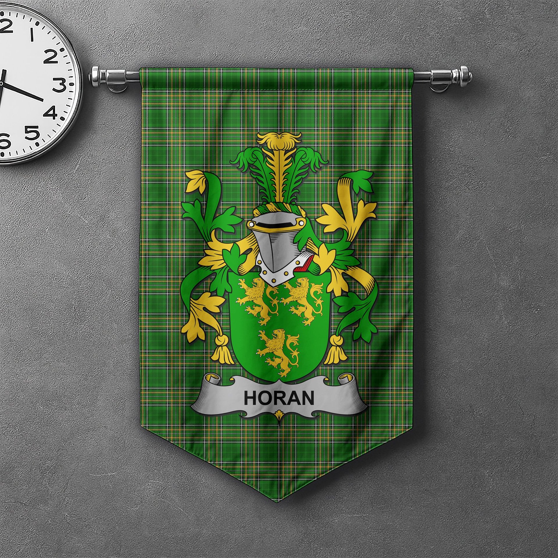 ScotsTee Shop Irish Horan or O'Horan Clan Coat of Arms Irish Tartan Gonfalon Flag