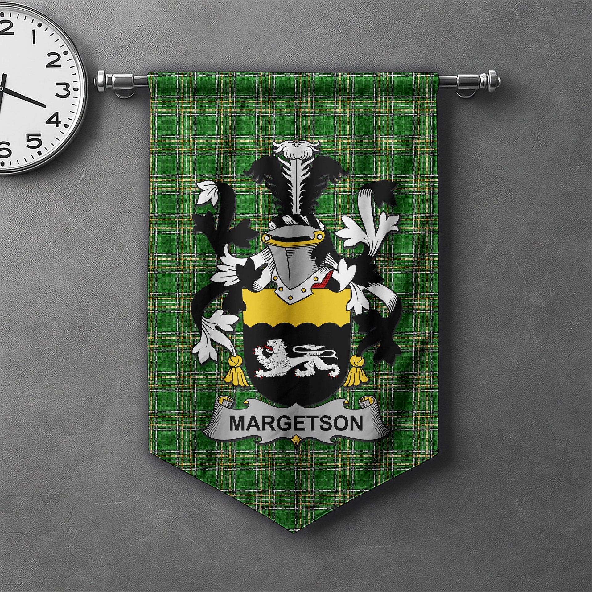 ScotsTee Shop Irish Margetson Clan Coat of Arms Irish Tartan Gonfalon Flag
