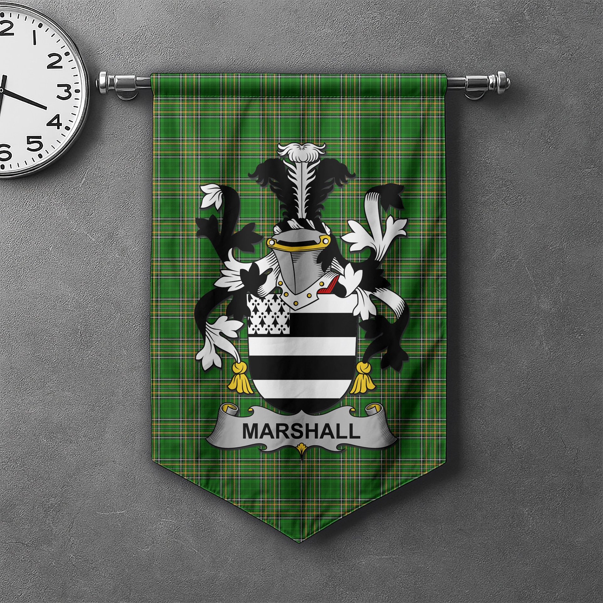 ScotsTee Shop Irish Marshall Clan Coat of Arms Irish Tartan Gonfalon Flag