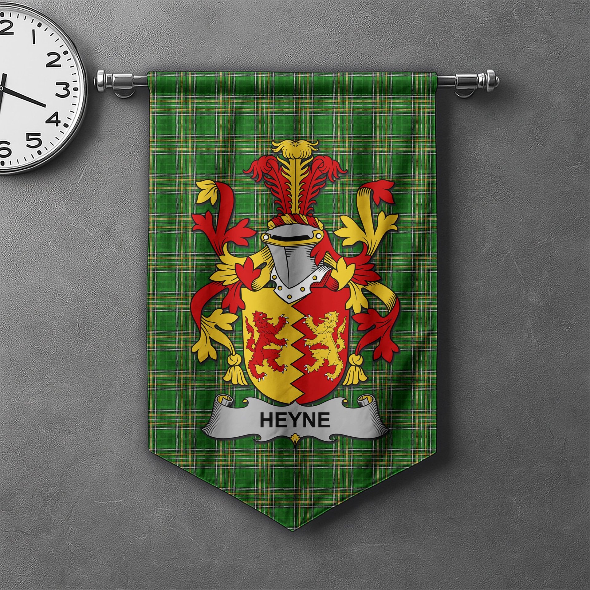 ScotsTee Shop Irish Heyne or O'Heyne Clan Coat of Arms Irish Tartan Gonfalon Flag