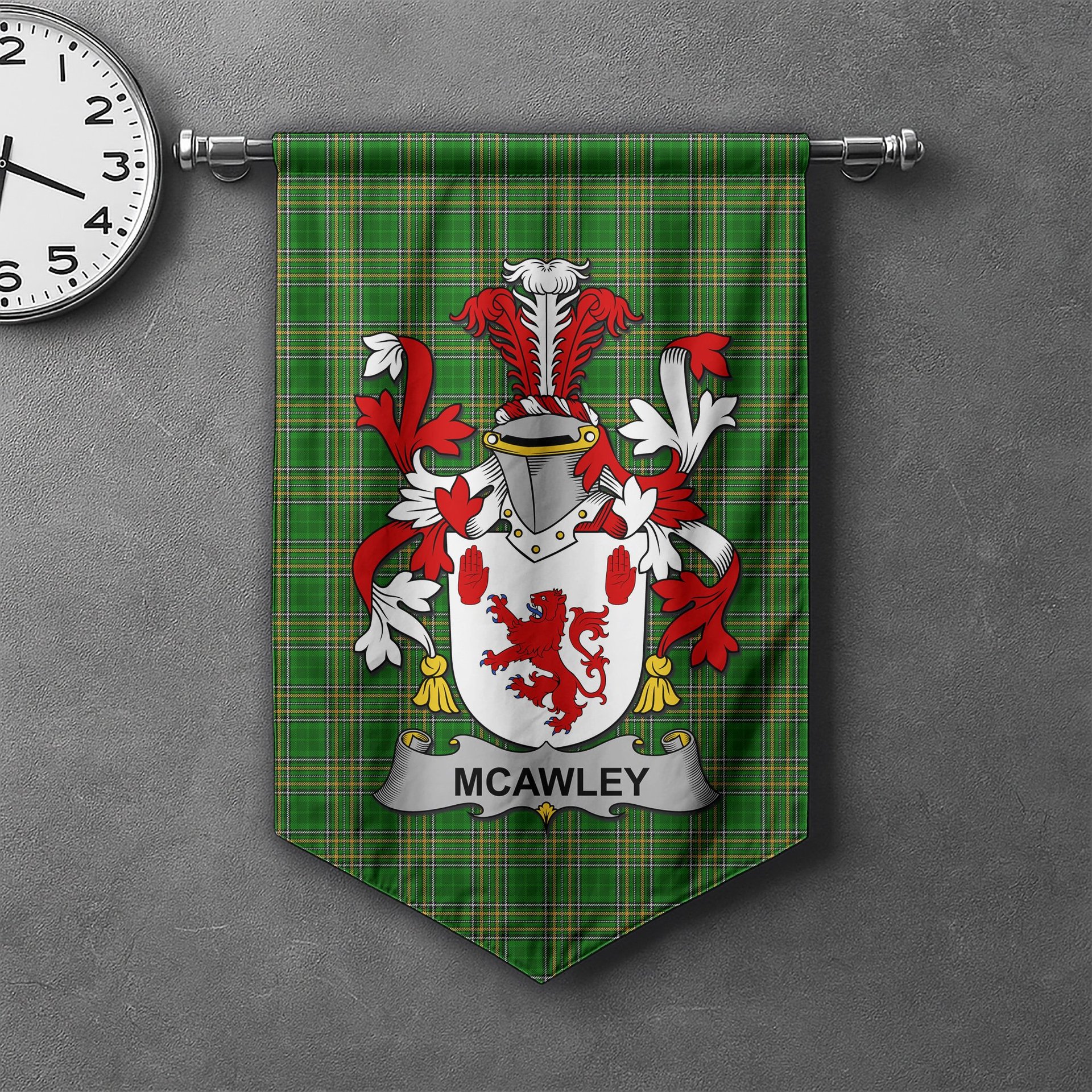 ScotsTee Shop Irish McAwley or McCawley Clan Coat of Arms Irish Tartan Gonfalon Flag