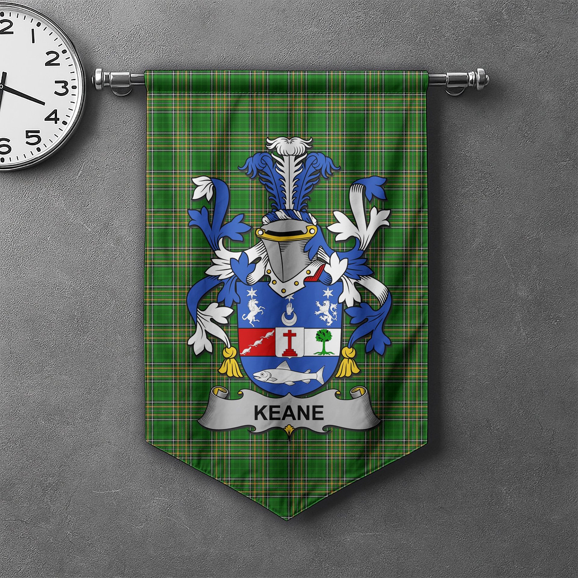 ScotsTee Shop Irish Keane or O'Cahan Clan Coat of Arms Irish Tartan Gonfalon Flag