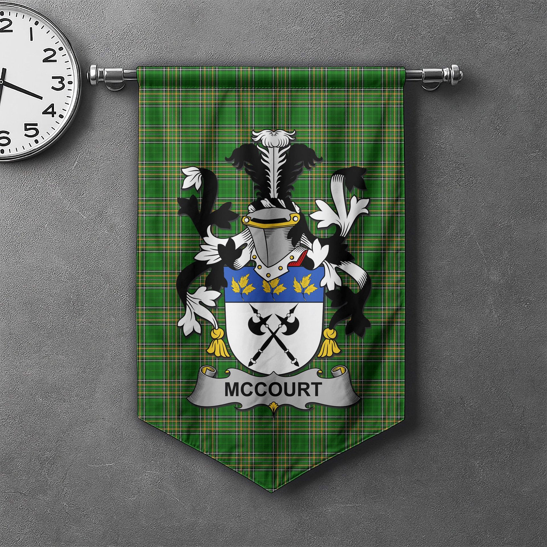 ScotsTee Shop Irish McCourt Clan Coat of Arms Irish Tartan Gonfalon Flag