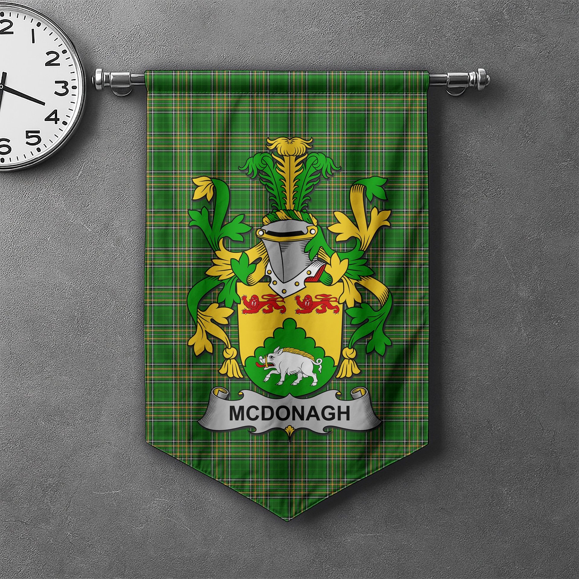 ScotsTee Shop Irish McDonagh or McDonogh Clan Coat of Arms Irish Tartan Gonfalon Flag