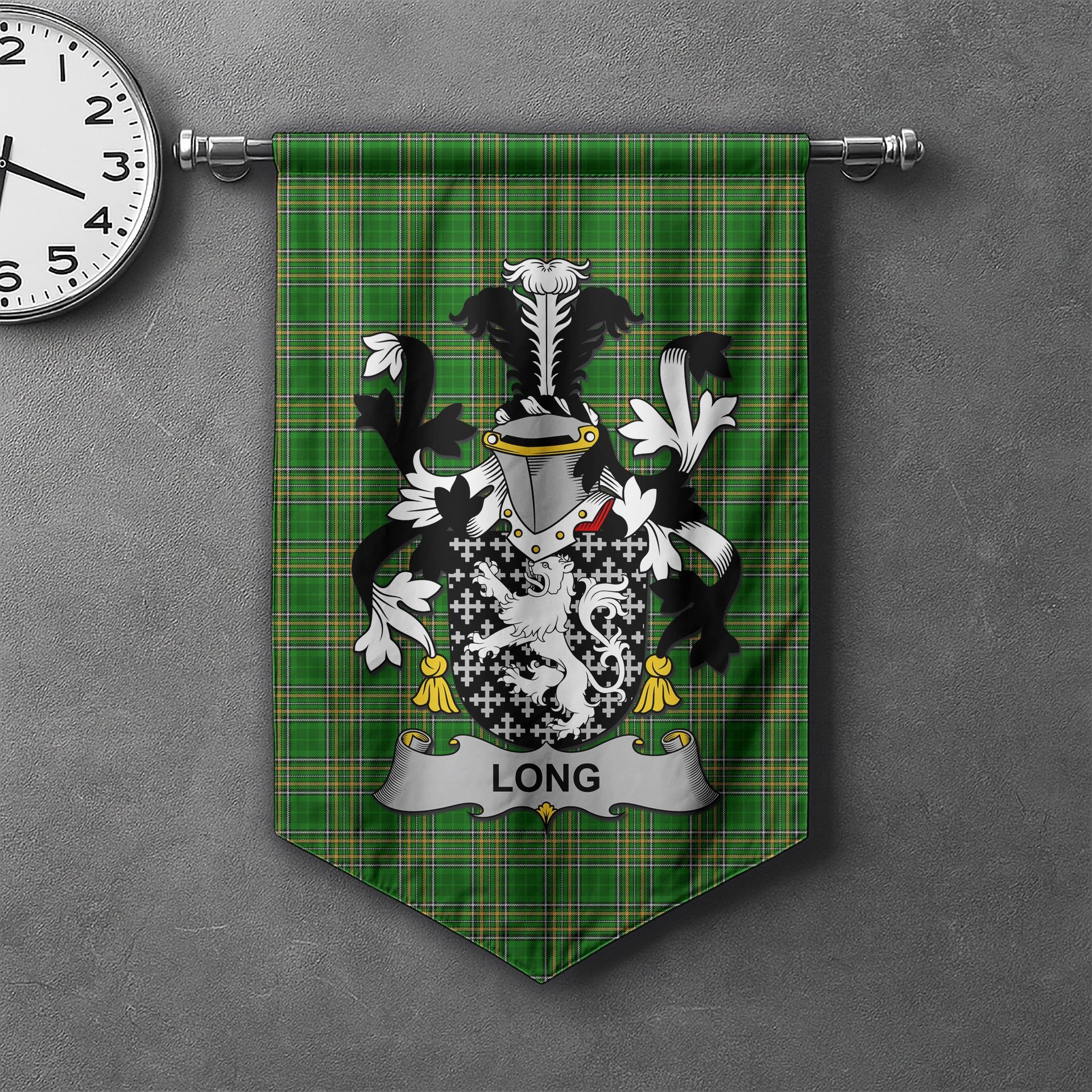 ScotsTee Shop Irish Long or Longe Clan Coat of Arms Irish Tartan Gonfalon Flag