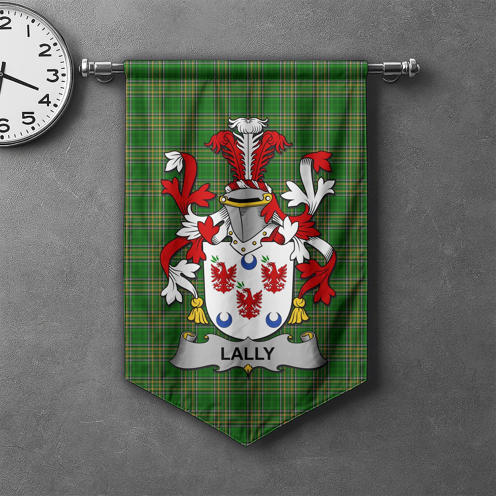 ScotsTee Shop Irish Lally or O'Mullally Clan Coat of Arms Irish Tartan Gonfalon Flag