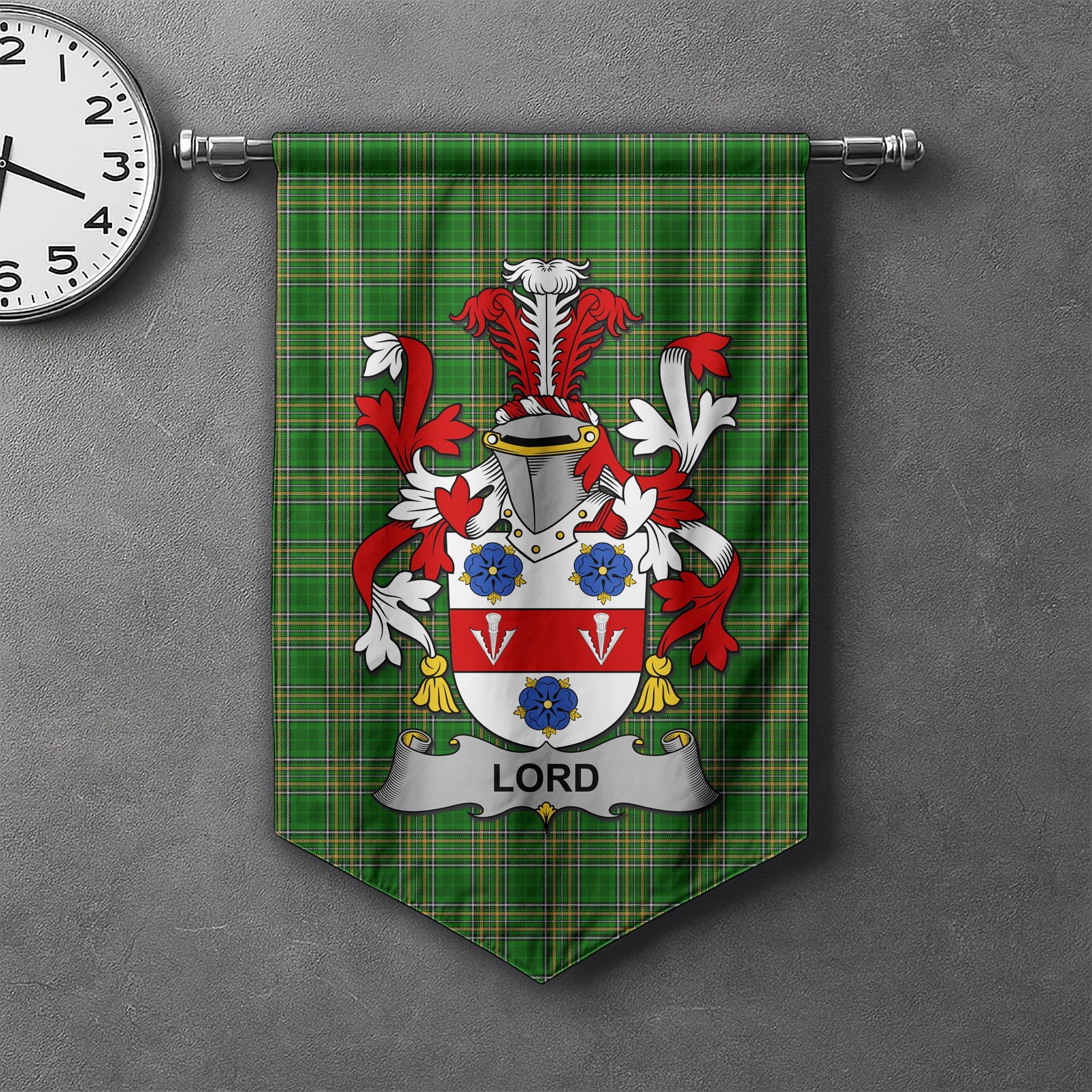 ScotsTee Shop Irish Lord Clan Coat of Arms Irish Tartan Gonfalon Flag