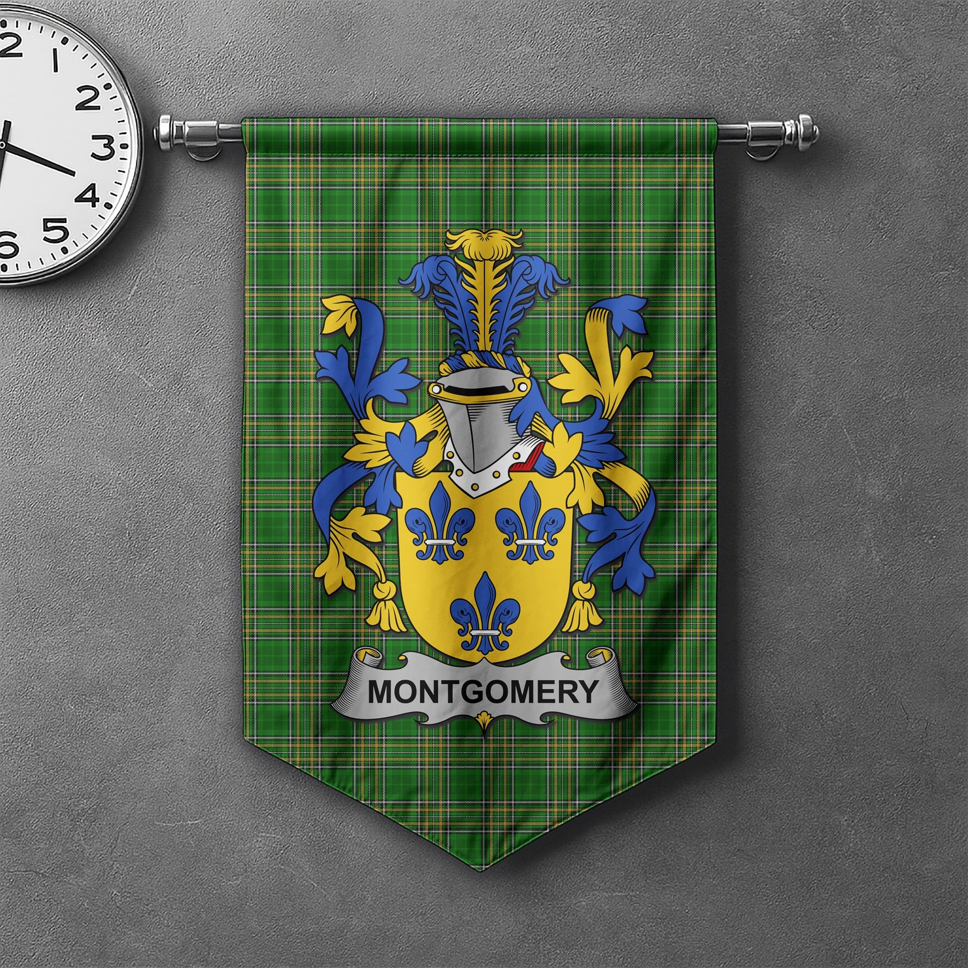 ScotsTee Shop Irish Montgomery Clan Coat of Arms Irish Tartan Gonfalon Flag