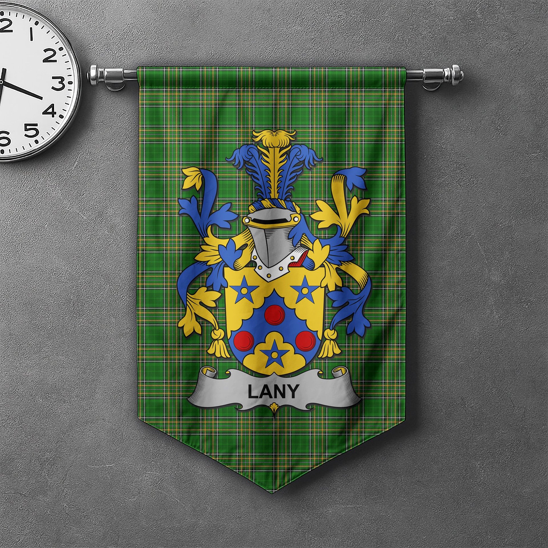 ScotsTee Shop Irish Lany or Laney Clan Coat of Arms Irish Tartan Gonfalon Flag