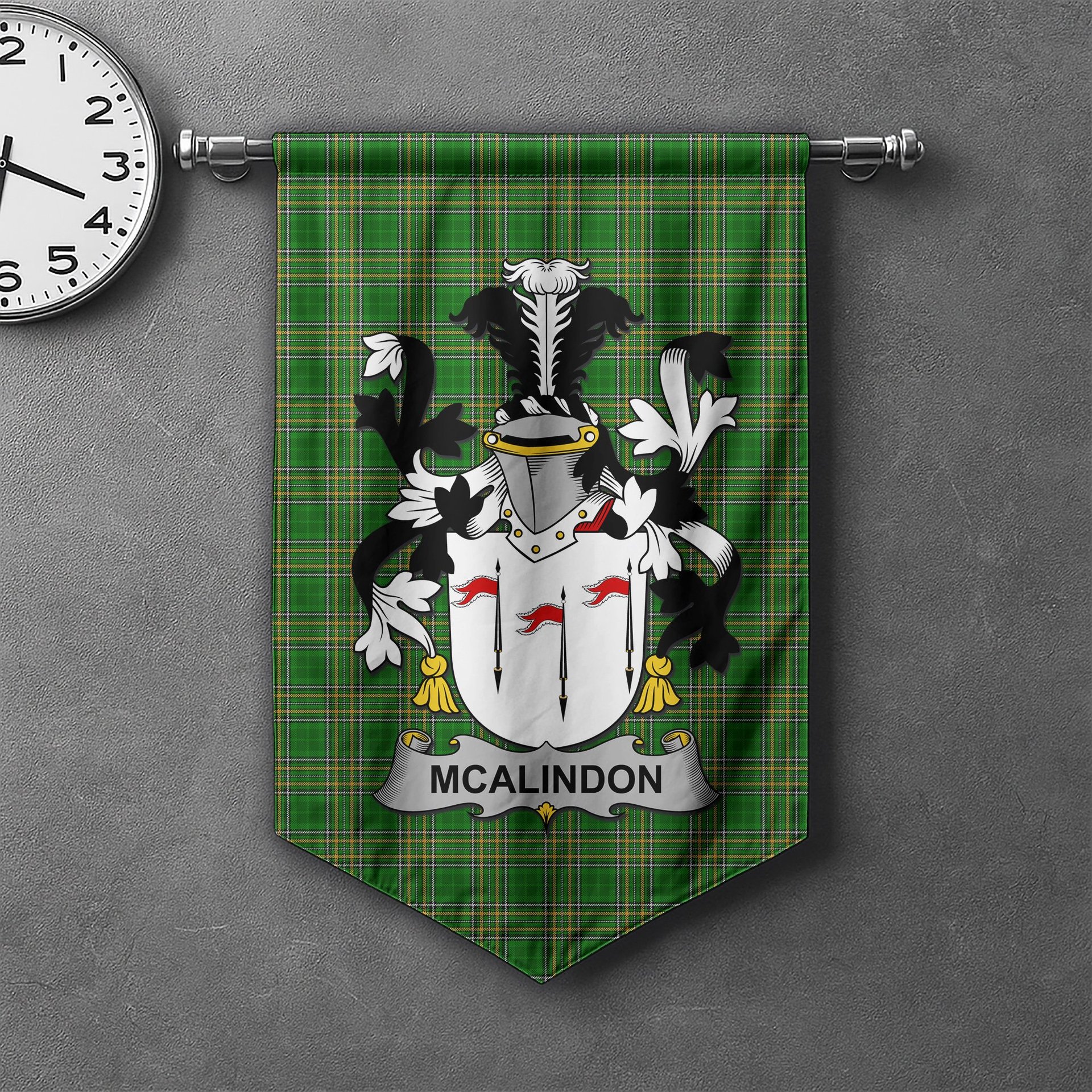 ScotsTee Shop Irish McAlindon or McAlindem Clan Coat of Arms Irish Tartan Gonfalon Flag