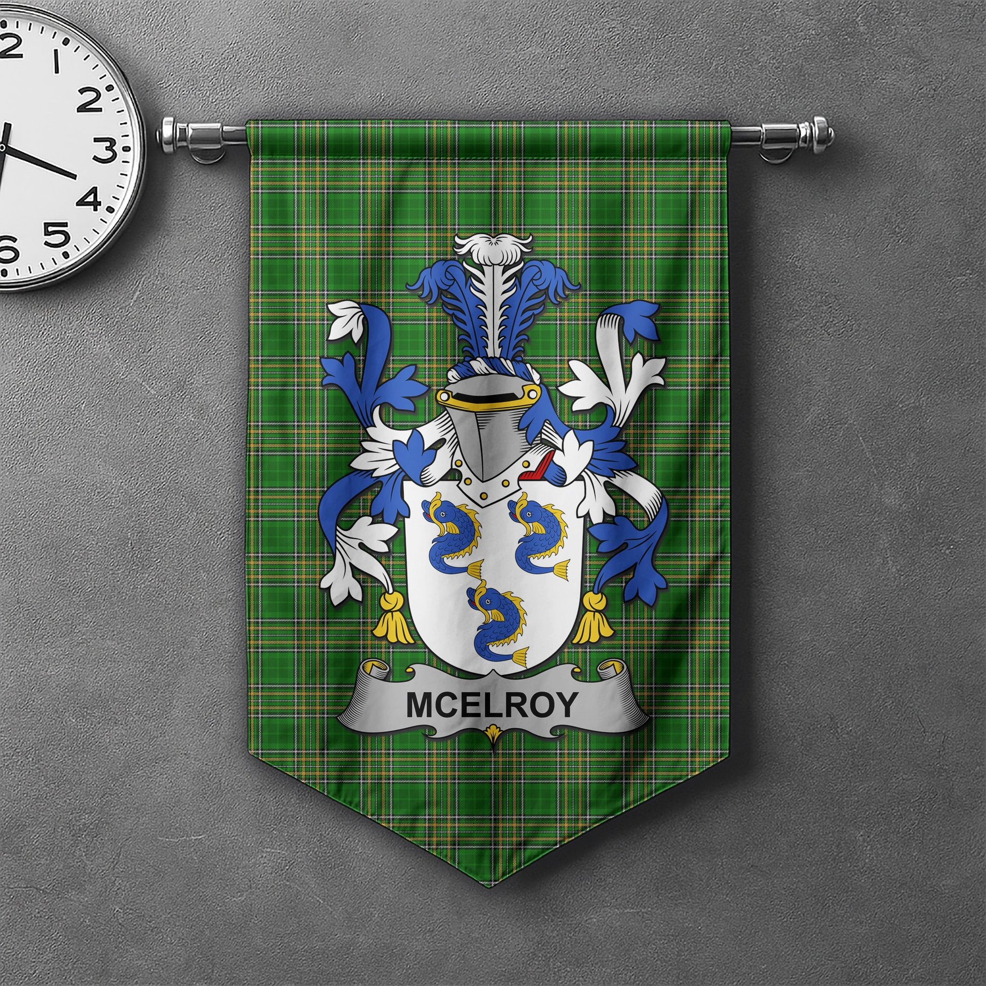 ScotsTee Shop Irish McElroy or Gilroy Clan Coat of Arms Irish Tartan Gonfalon Flag