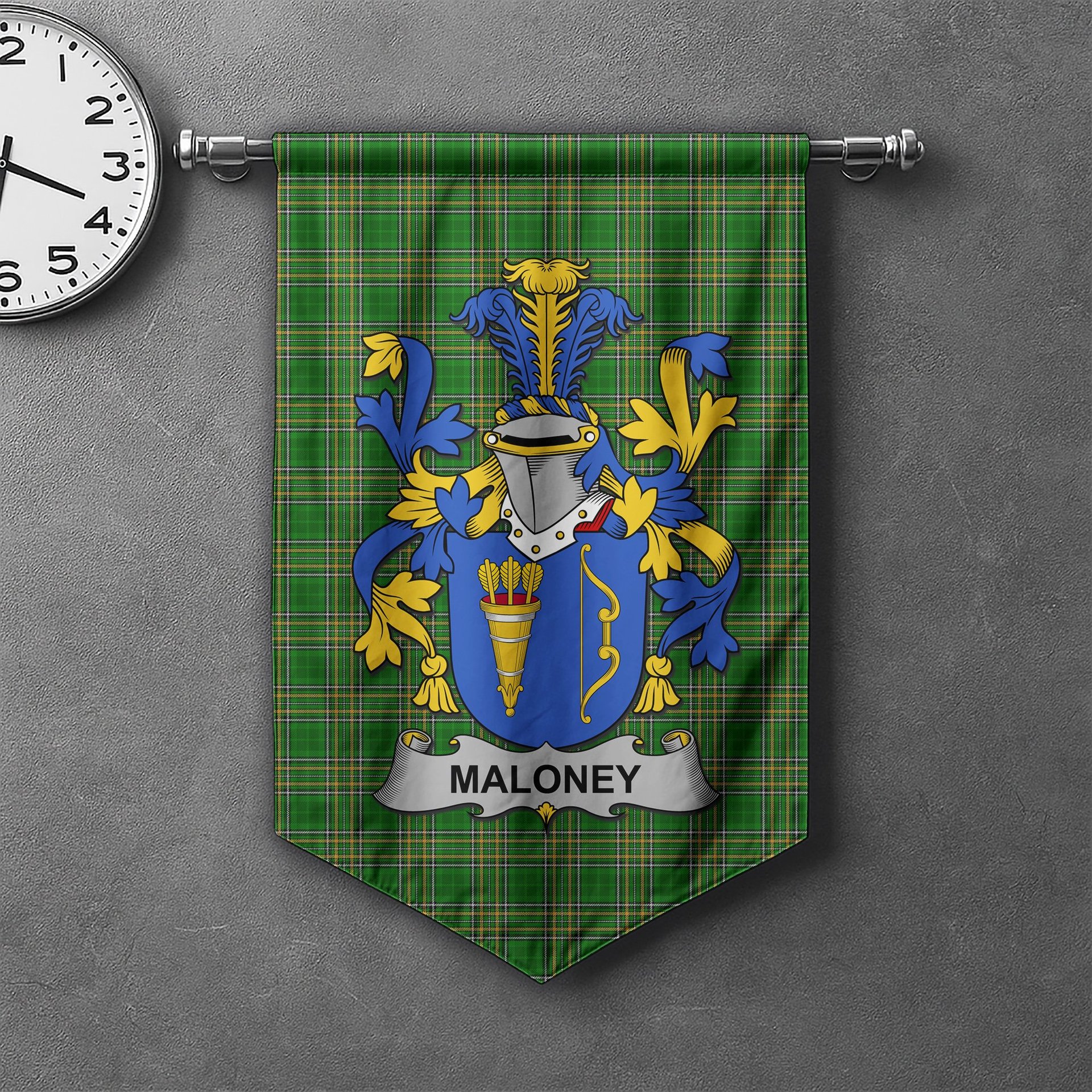 ScotsTee Shop Irish Maloney or O'Molony Clan Coat of Arms Irish Tartan Gonfalon Flag