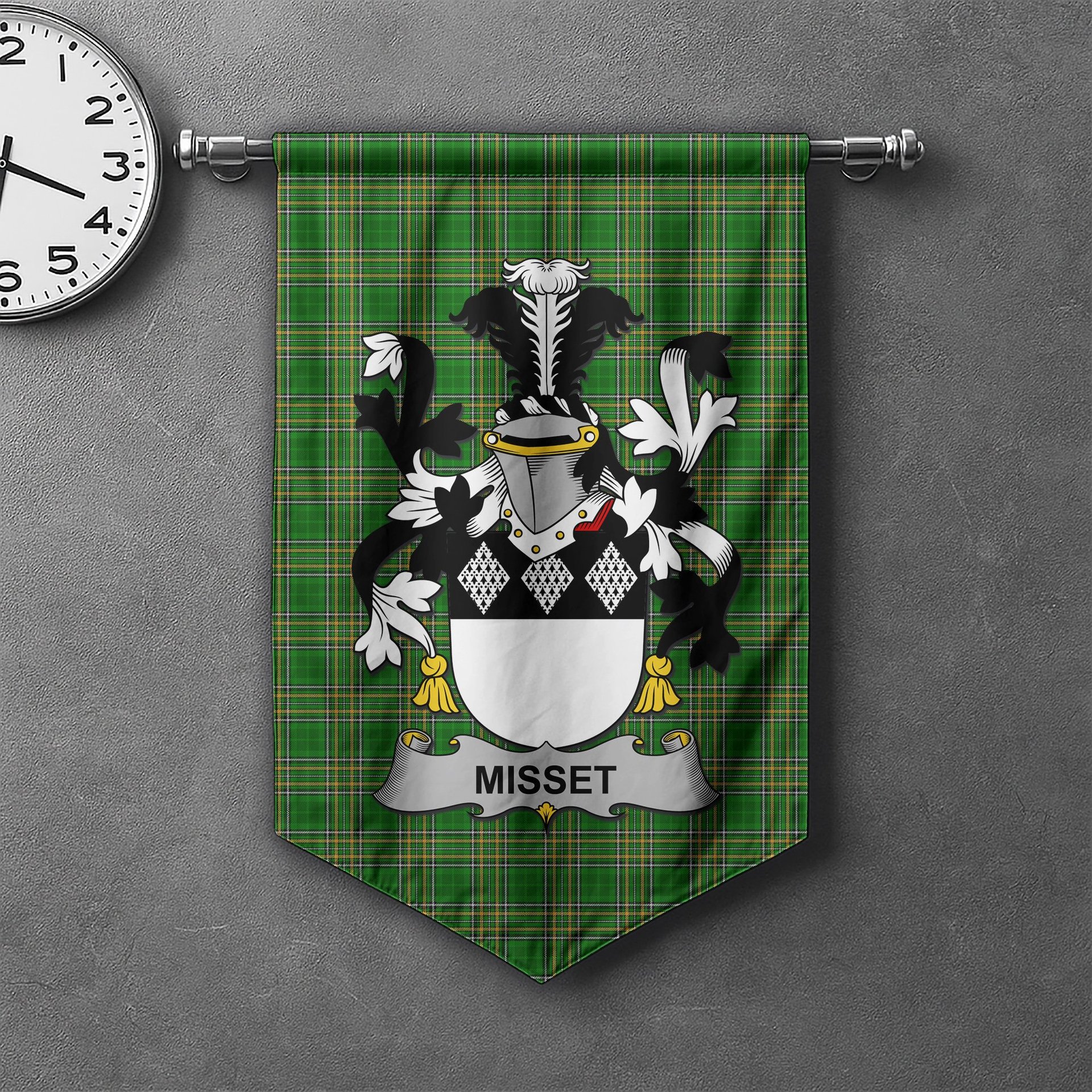 ScotsTee Shop Irish Misset Clan Coat of Arms Irish Tartan Gonfalon Flag