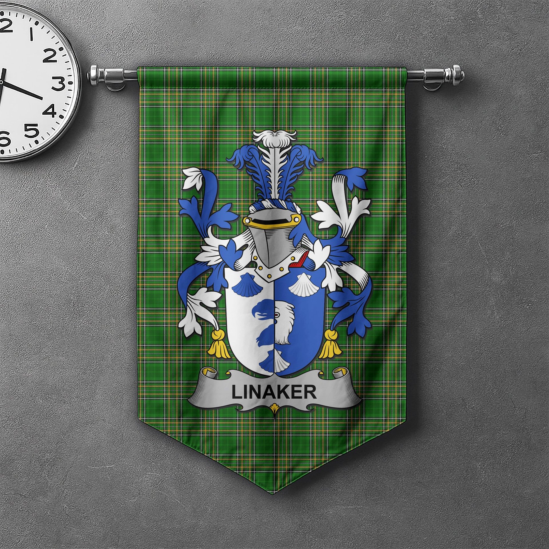 ScotsTee Shop Irish Linaker Clan Coat of Arms Irish Tartan Gonfalon Flag