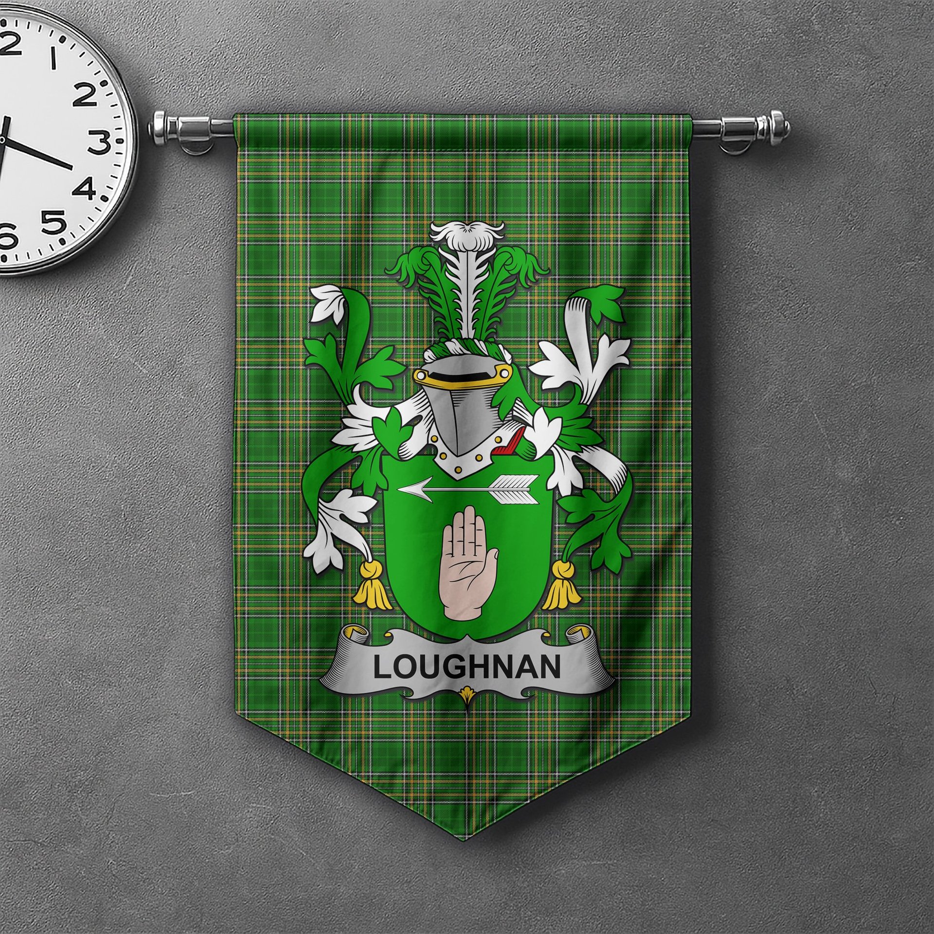 ScotsTee Shop Irish Loughnan or O'Loughnan Clan Coat of Arms Irish Tartan Gonfalon Flag