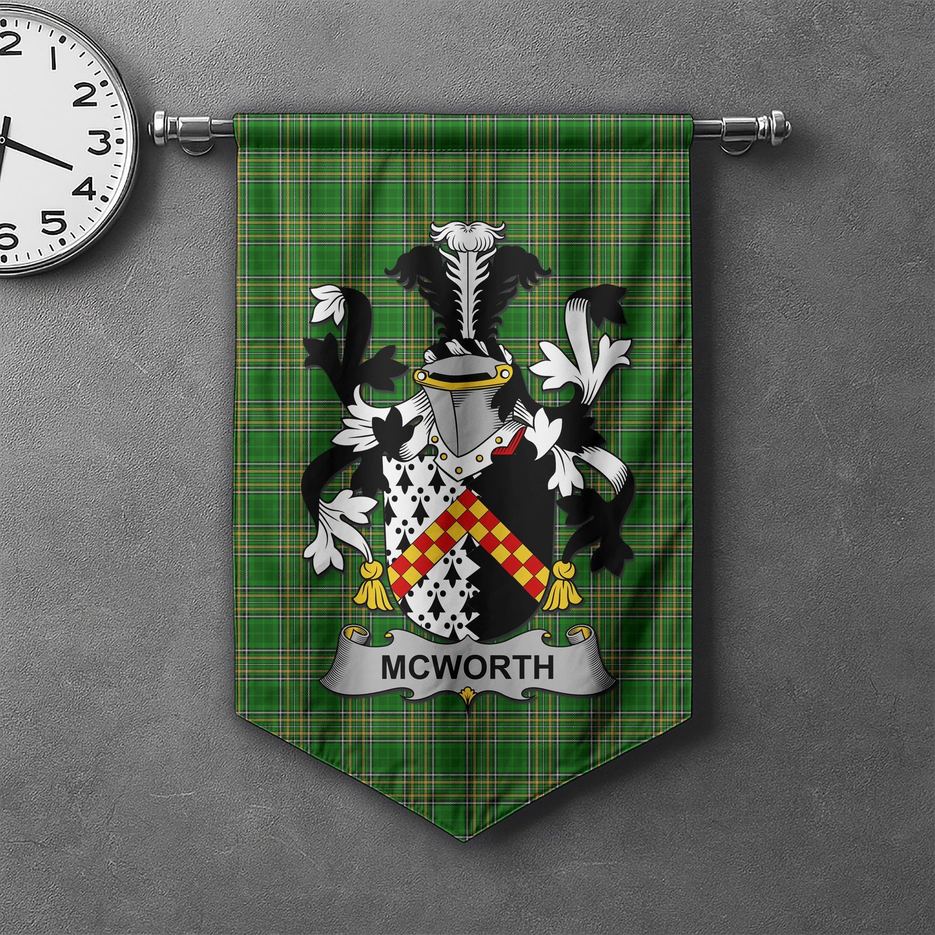 ScotsTee Shop Irish McWorth or MacWorth Clan Coat of Arms Irish Tartan Gonfalon Flag