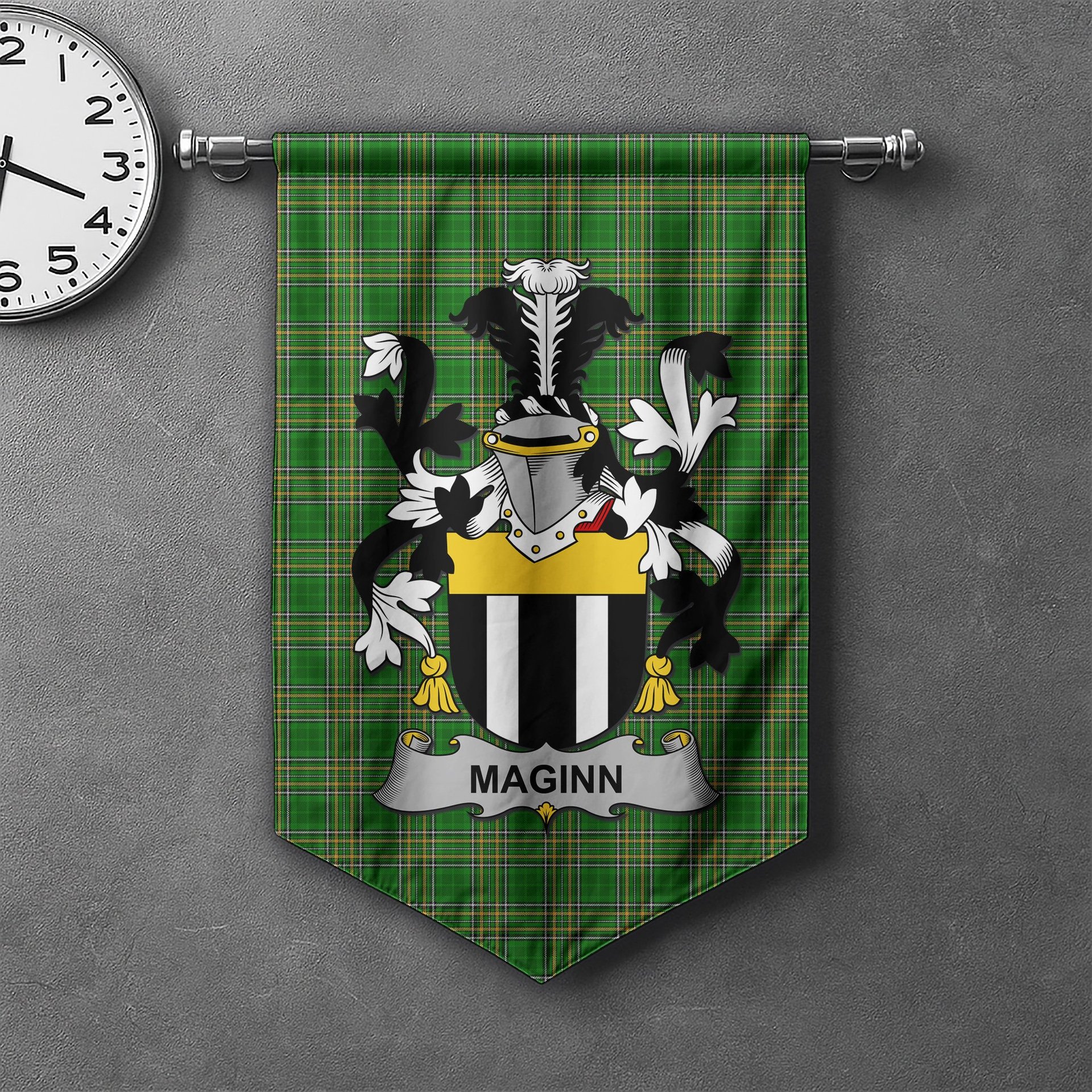 ScotsTee Shop Irish Maginn or Ginn Clan Coat of Arms Irish Tartan Gonfalon Flag