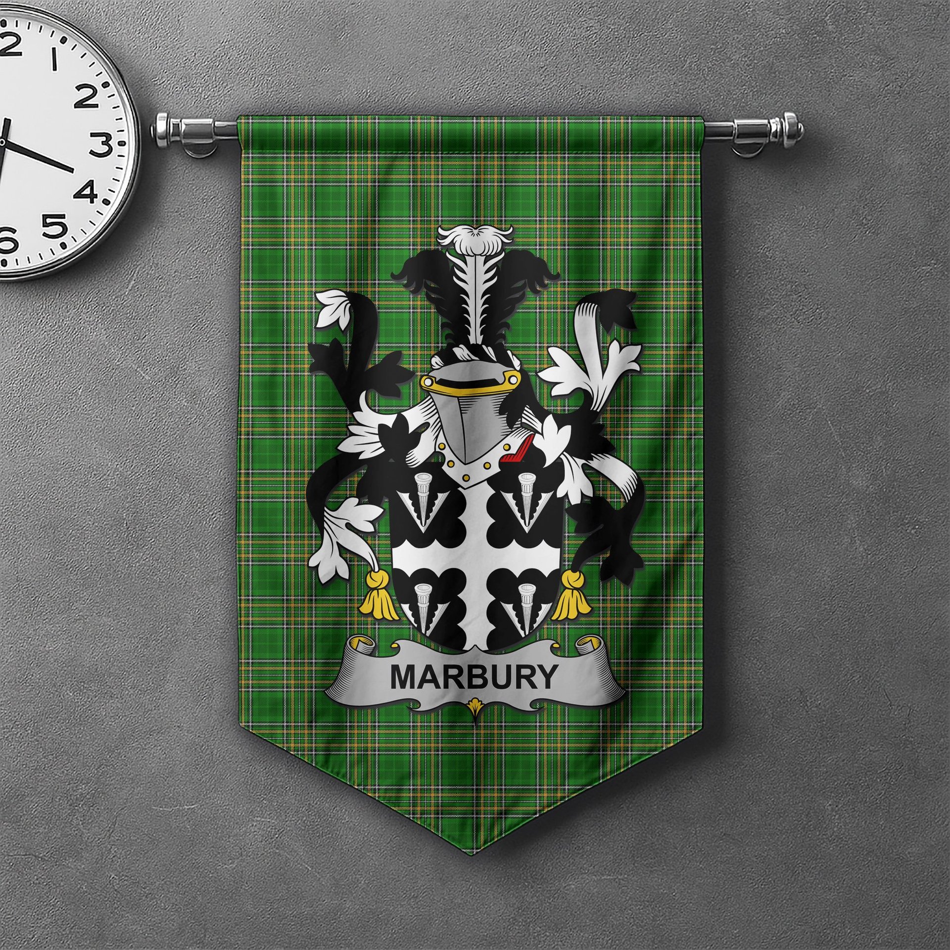 ScotsTee Shop Irish Marbury or Maybery Clan Coat of Arms Irish Tartan Gonfalon Flag