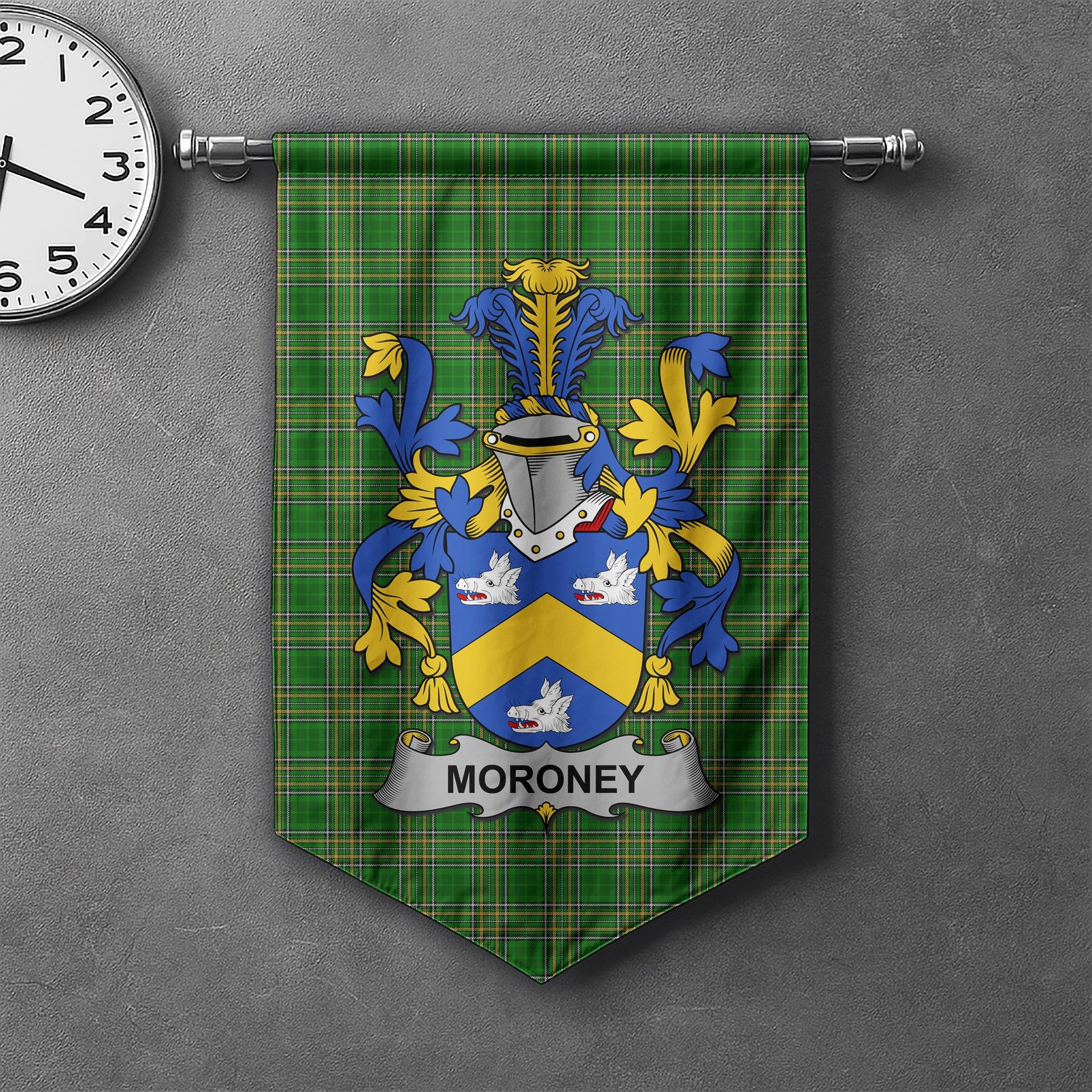 ScotsTee Shop Irish Moroney or O'Moroney Clan Coat of Arms Irish Tartan Gonfalon Flag