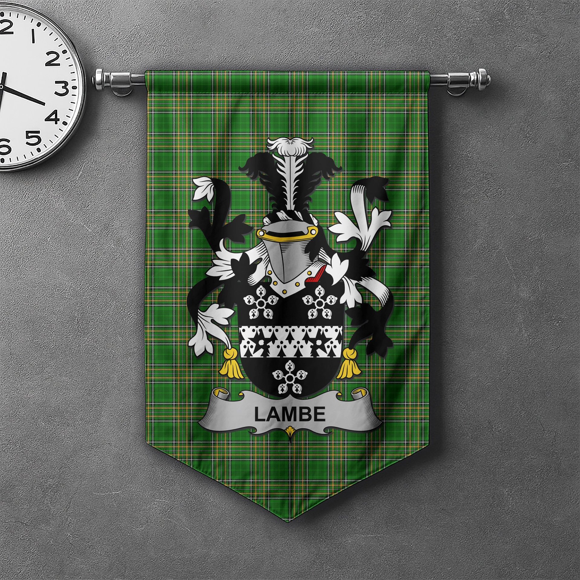 ScotsTee Shop Irish Lambe Clan Coat of Arms Irish Tartan Gonfalon Flag