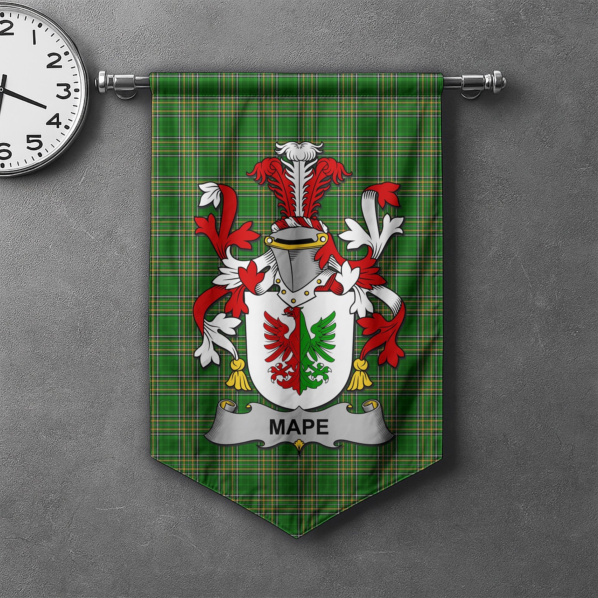ScotsTee Shop Irish Mape Clan Coat of Arms Irish Tartan Gonfalon Flag