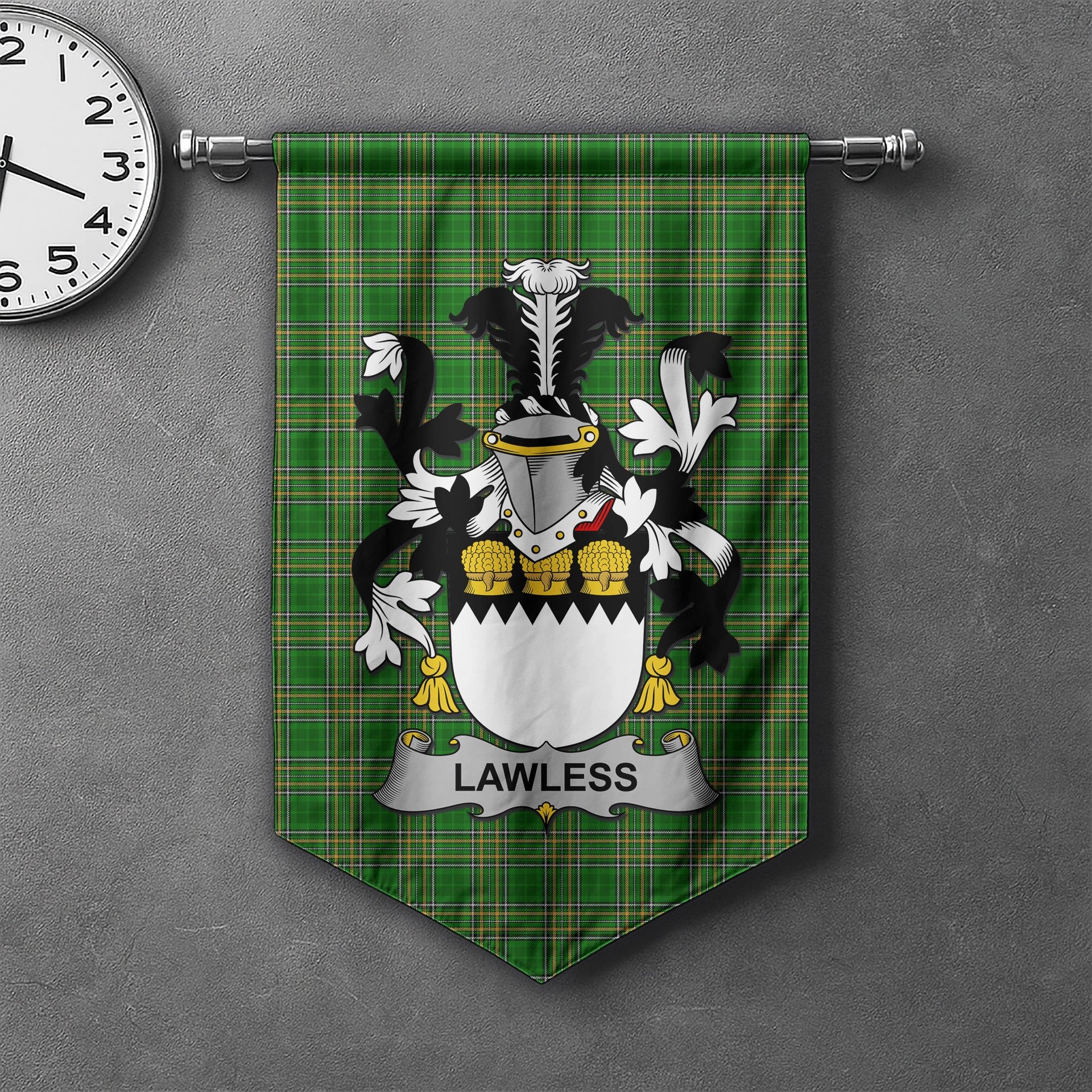 ScotsTee Shop Irish Lawless Clan Coat of Arms Irish Tartan Gonfalon Flag