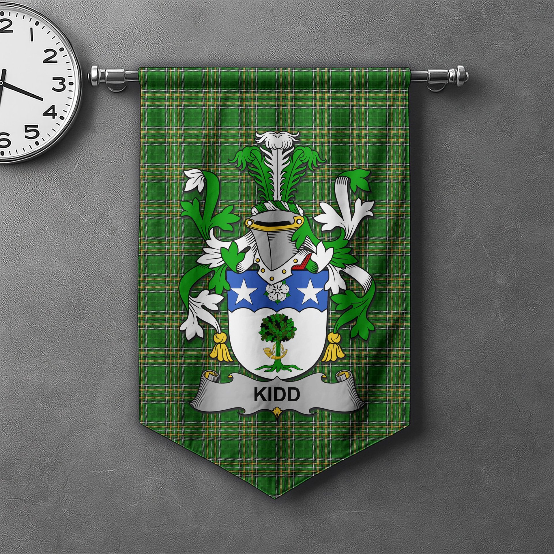 ScotsTee Shop Irish Kidd Clan Coat of Arms Irish Tartan Gonfalon Flag