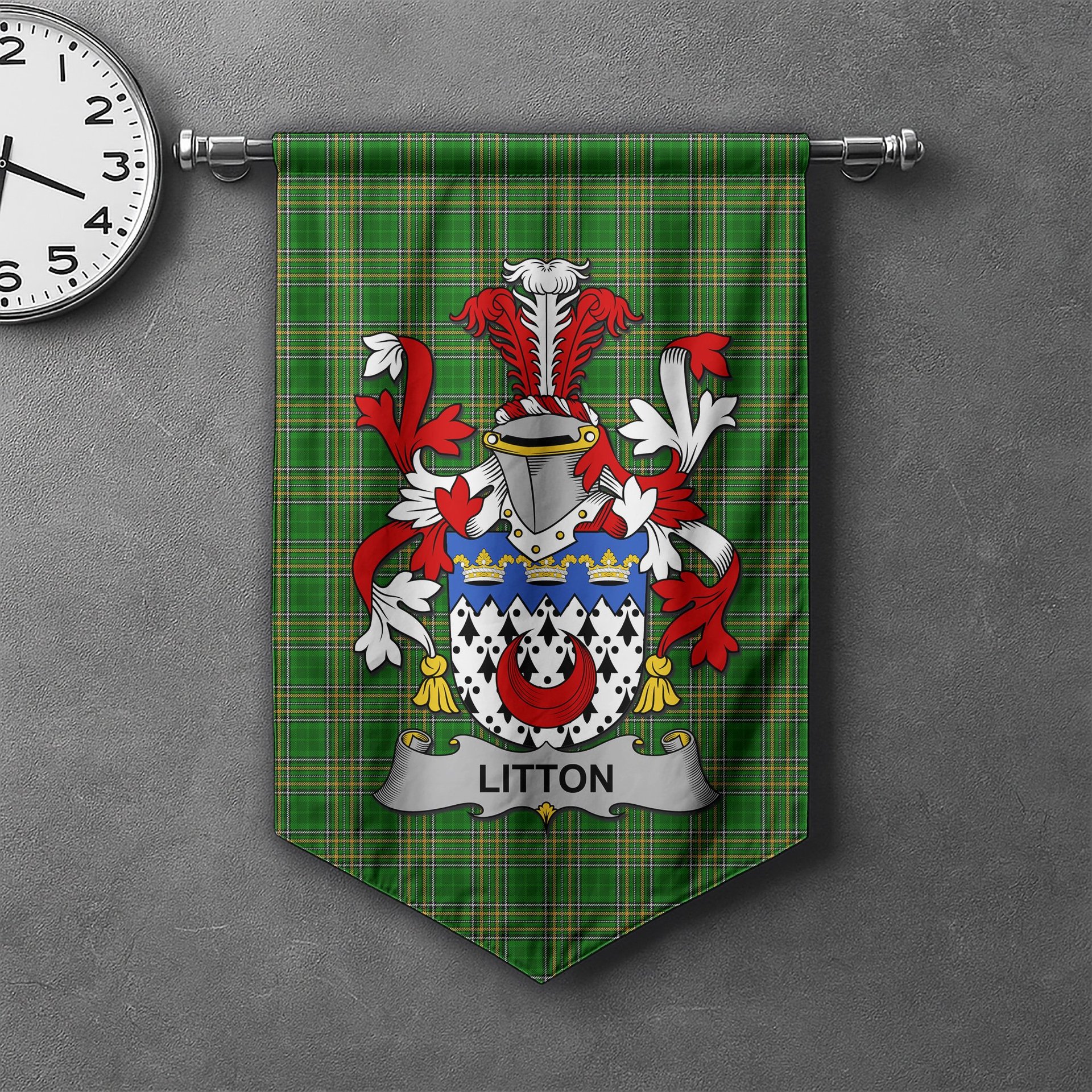 ScotsTee Shop Irish Litton Clan Coat of Arms Irish Tartan Gonfalon Flag