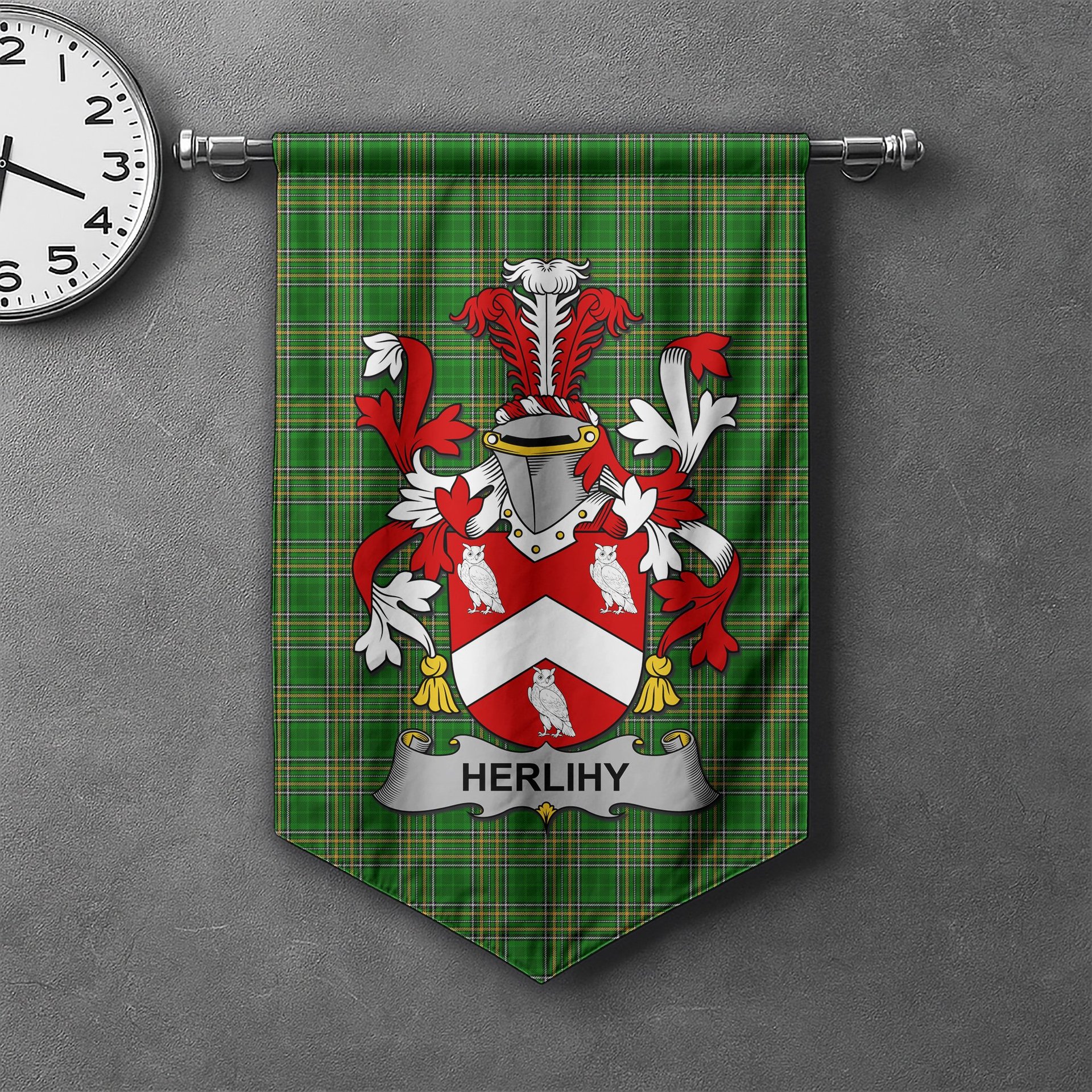 ScotsTee Shop Irish Herlihy or O'Herlihy Clan Coat of Arms Irish Tartan Gonfalon Flag