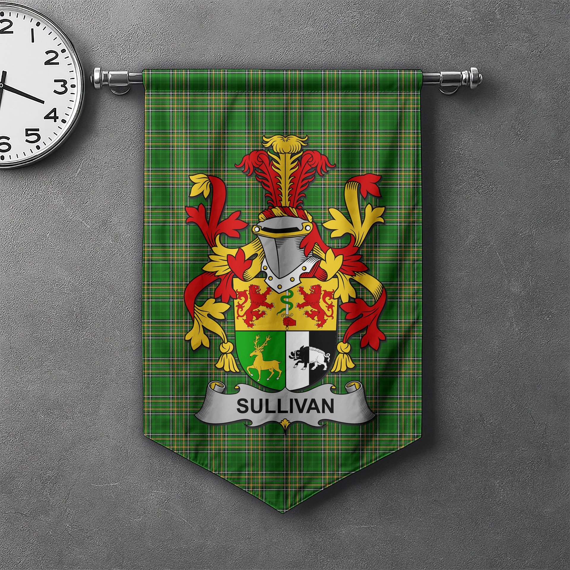 ScotsTee Shop Irish Sullivan or O'Sullivan Clan Coat of Arms Irish Tartan Gonfalon Flag