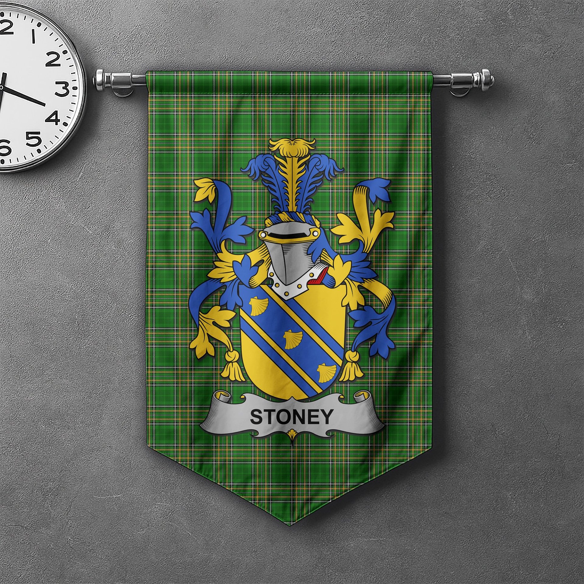 ScotsTee Shop Irish Stoney Clan Coat of Arms Irish Tartan Gonfalon Flag