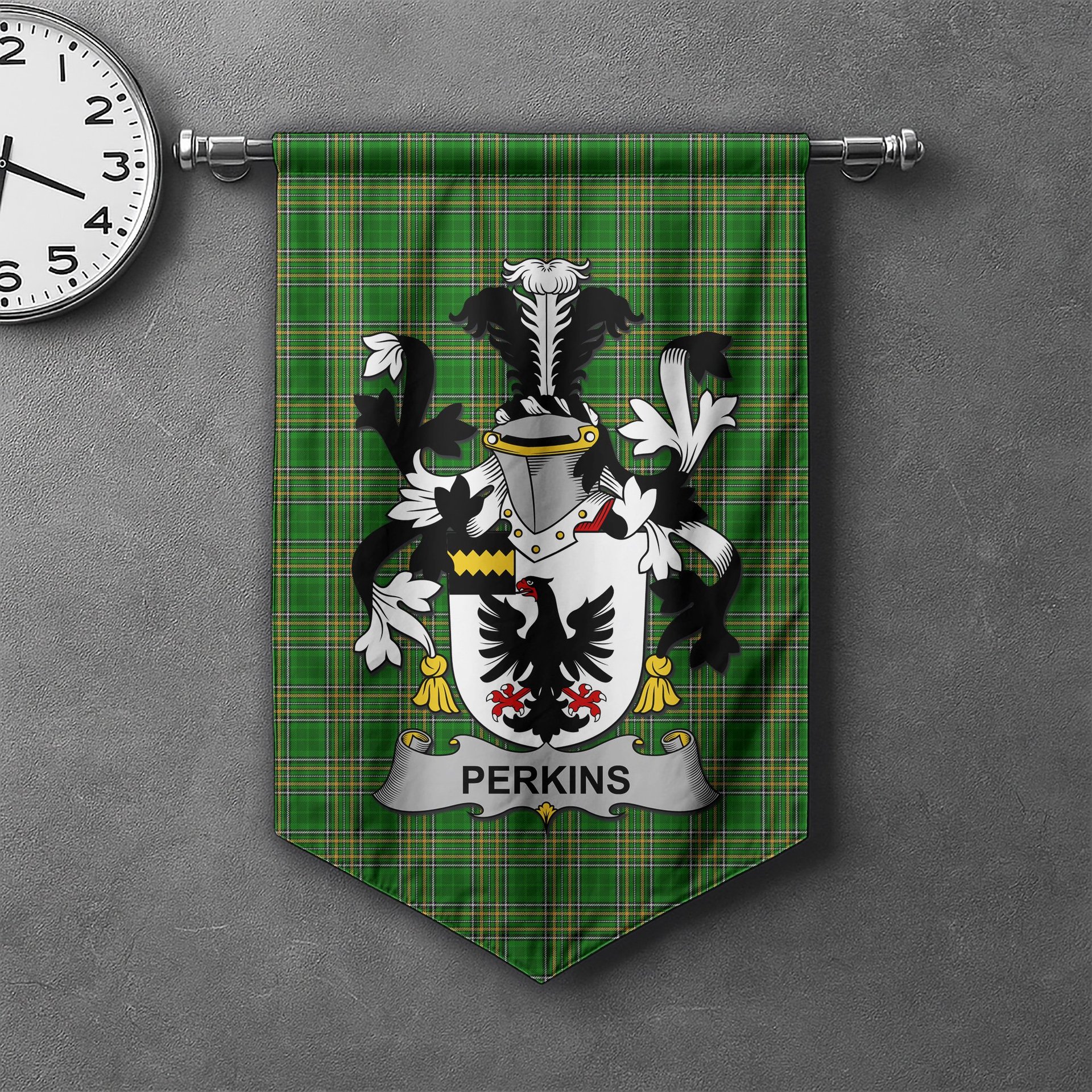 ScotsTee Shop Irish Perkins Clan Coat of Arms Irish Tartan Gonfalon Flag
