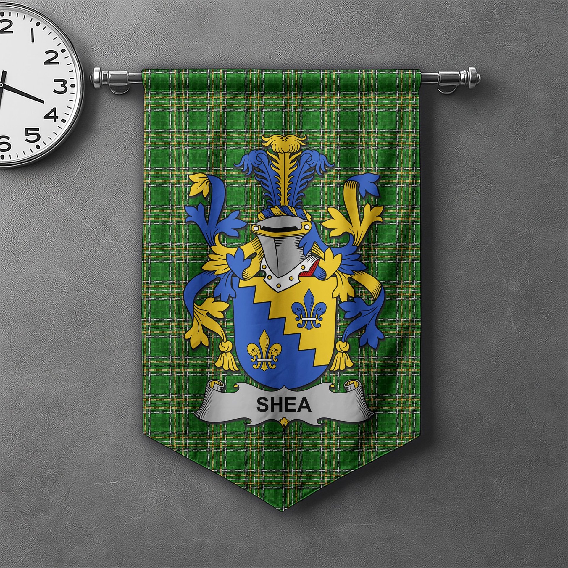 ScotsTee Shop Irish Shea or O'Shee Clan Coat of Arms Irish Tartan Gonfalon Flag