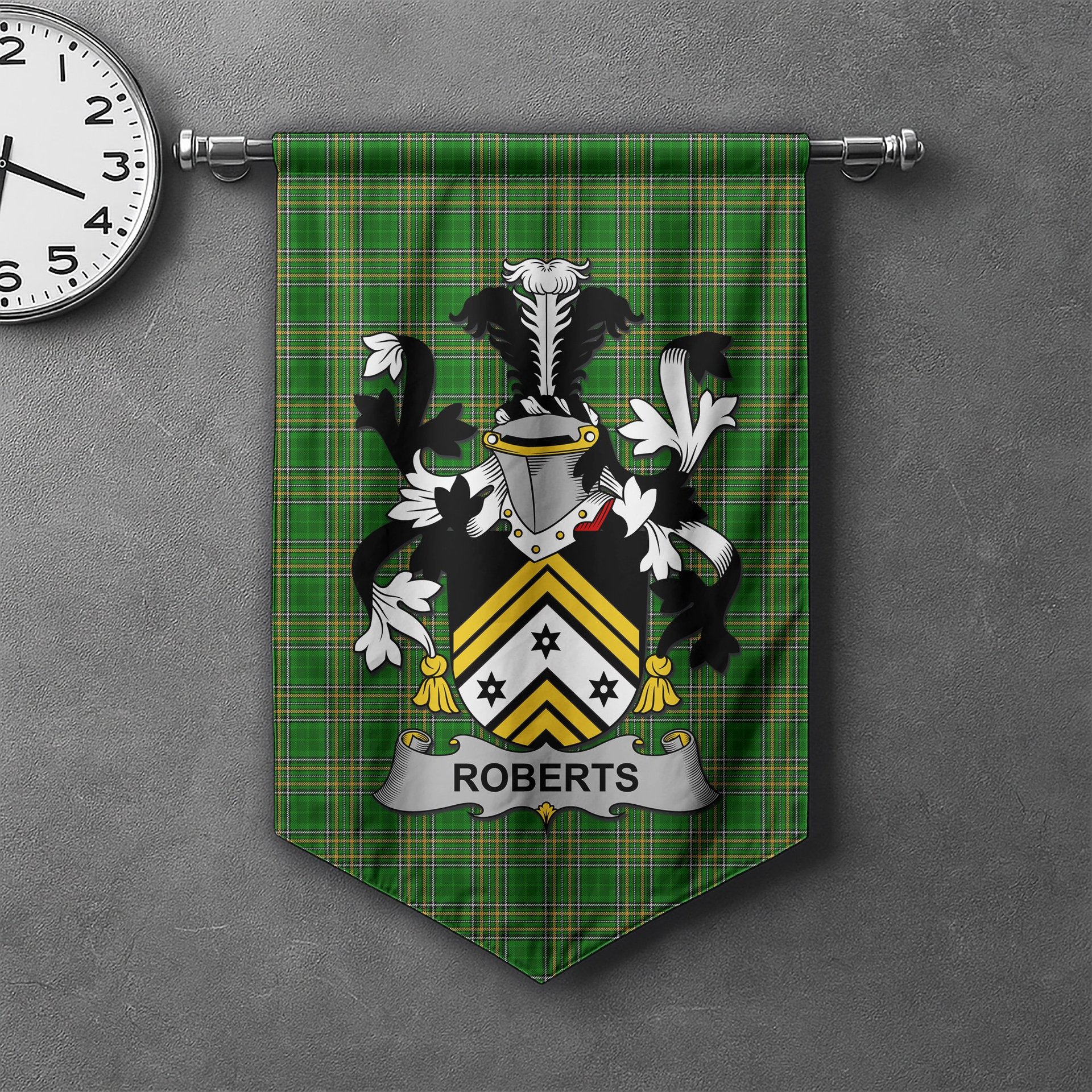 ScotsTee Shop Irish Roberts Clan Coat of Arms Irish Tartan Gonfalon Flag